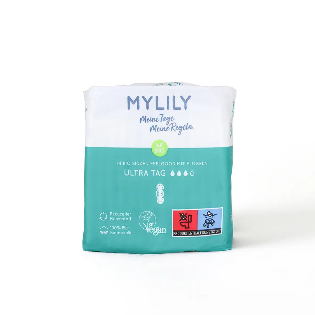 Die MYLILY Binden Tag beinhalten 14 Bio Binden und sind perfekt geeignet für die Nutzung am Tag. Der Kunststoffanteil ist recycelt, die Baumwolle ist zu 100% Bio und es handelt sich um ein veganes Produkt.