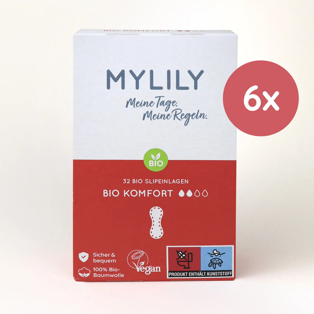 Jetzt sparen mit dem MYLILY 6er Vorratspack an Bio Slipeinlagen. Voller Komfort sowie sicher und bequem. Für Zervixschleim oder bei leichtem Ausfluss.