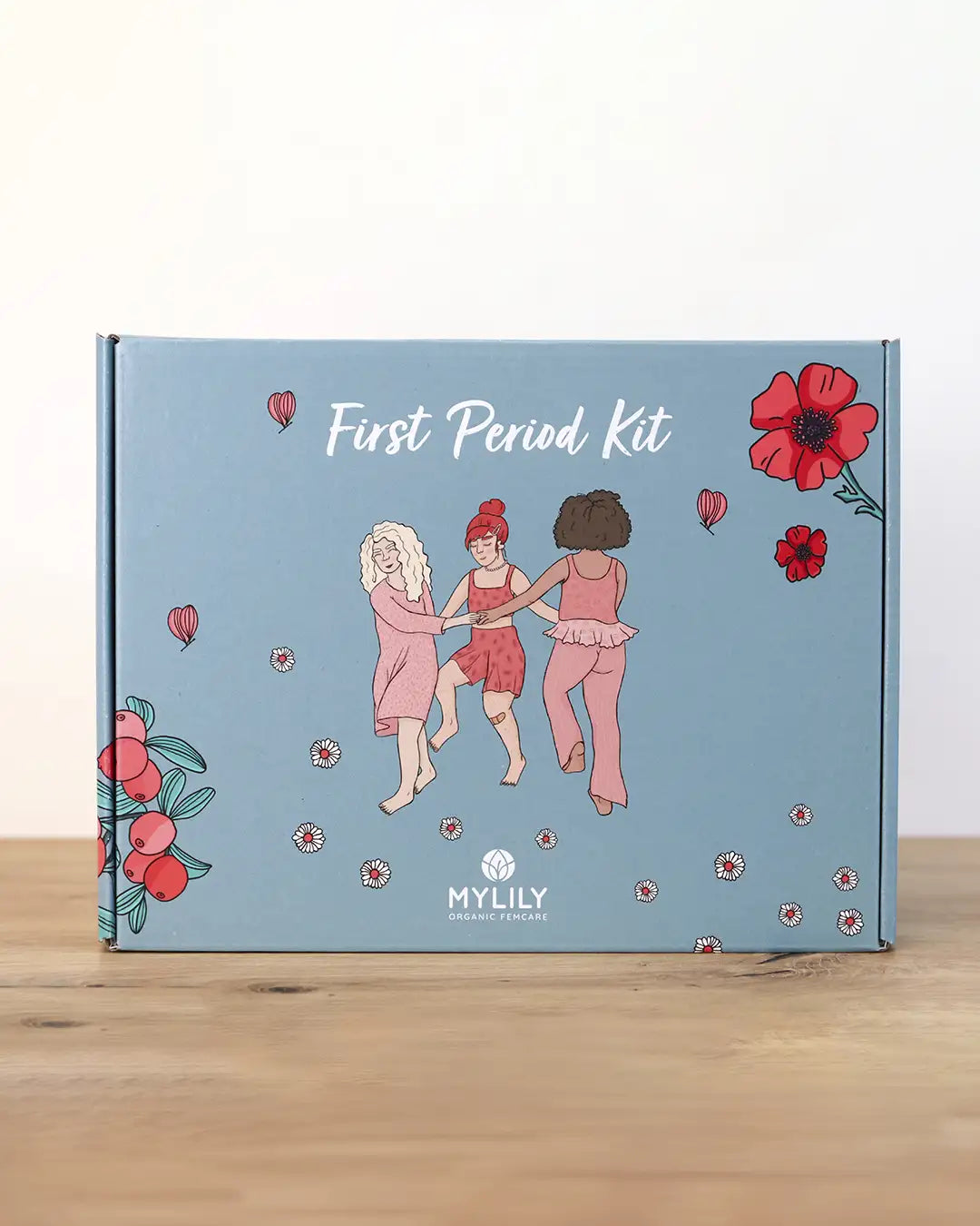 Liebevoll illustriertes MYLILY First Period Kit: Aufklärung& Produkte für die erste Periode.