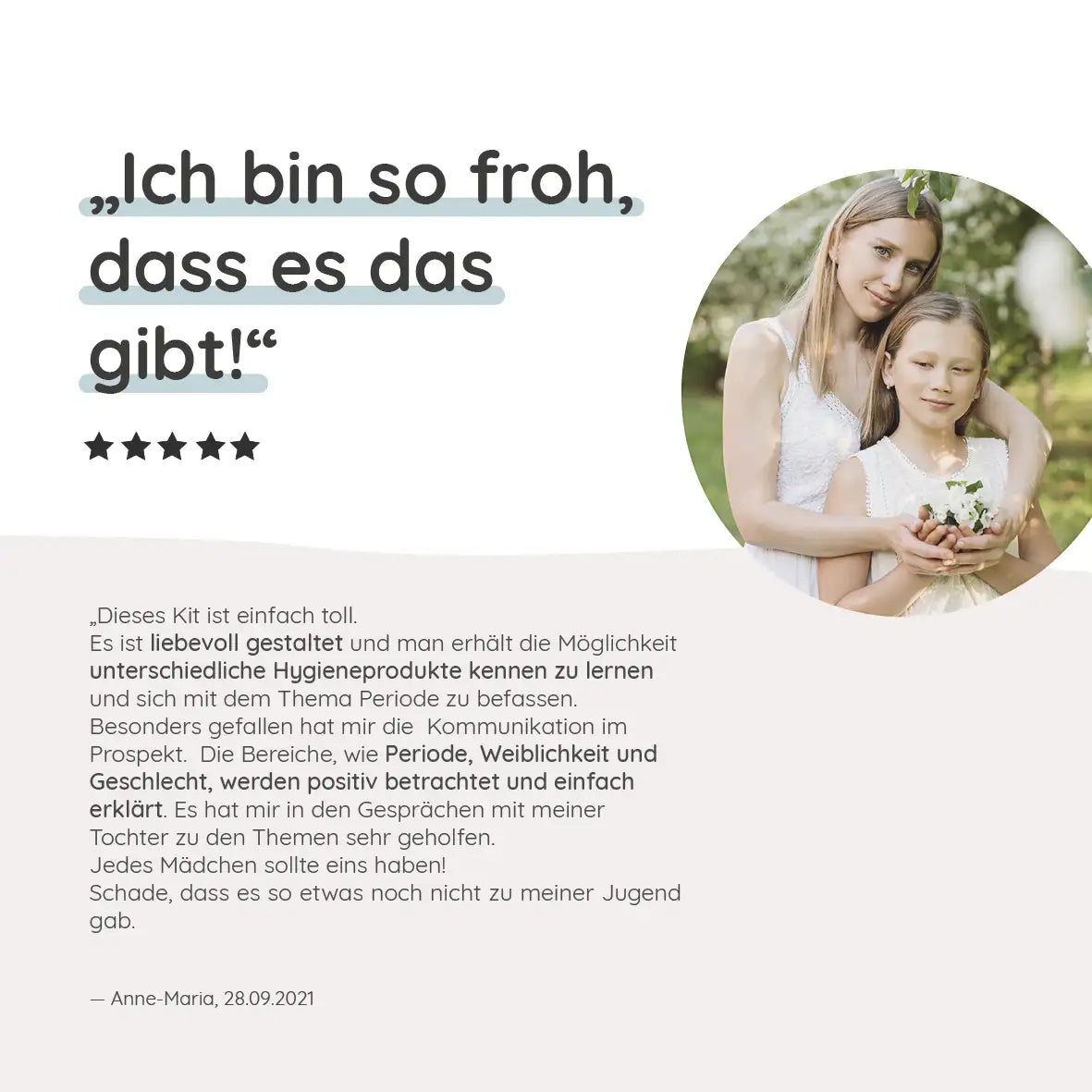 Unsere MYLILY Kund*innen lieben das First Period Kit, Kund*innen Review zur Bewertung des MYLILY First Period Kit.