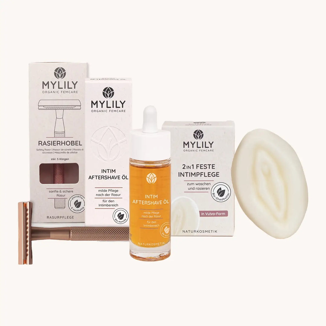 MYLILY Vulva Care Set mit Naturkosmetik Produkten wie der festen Intimseife die auch als Rasierschaum verwendet werden kann, dem Aftershave Intim Öl für eine milde Pflege nach der Rasur und einem Rasierhobel in vielen verschiedenen Farben.