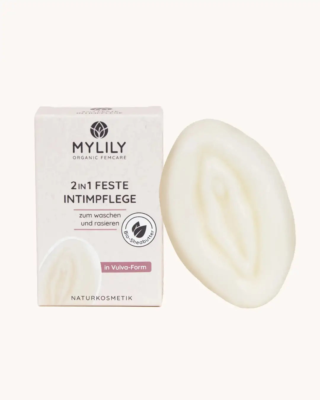2in1 Intimpflege für Damen MYLILY Vulva Waschstück in Vulvaform mit Verpackung Intimseife Stück.