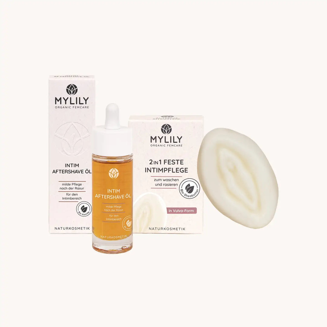 MYLILY Vulva Care Set mit Naturkosmetik Produkten wie der festen Intimseife die auch als Rasierschaum verwendet werden kann und dem Aftershave Intim Öl für eine milde Pflege nach der Rasur.