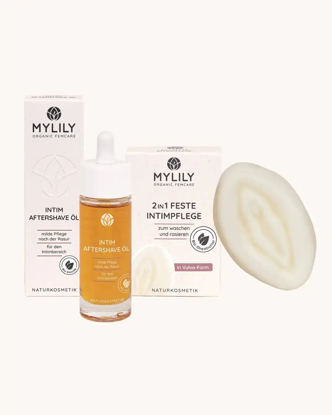 MYLILY Vulva Care Set mit der festen Intimseife und dem Aftershave Intim Öl.