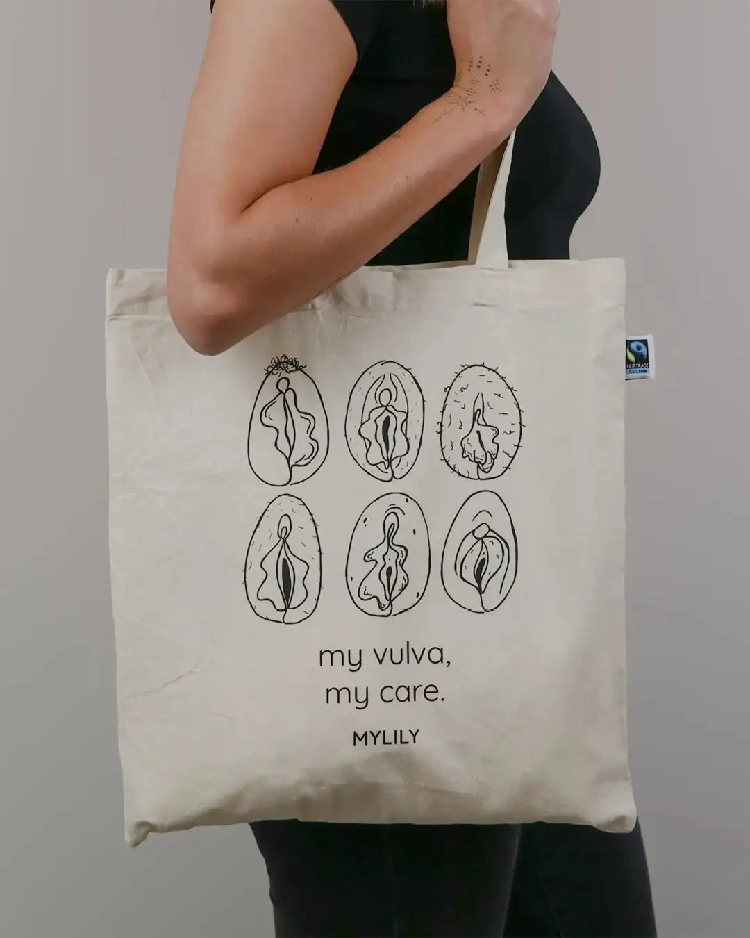 Vulva Jutebeutel aus Bio-Baumwolle mit Illustrationen und Text für unterwegs. Für female empowerment.