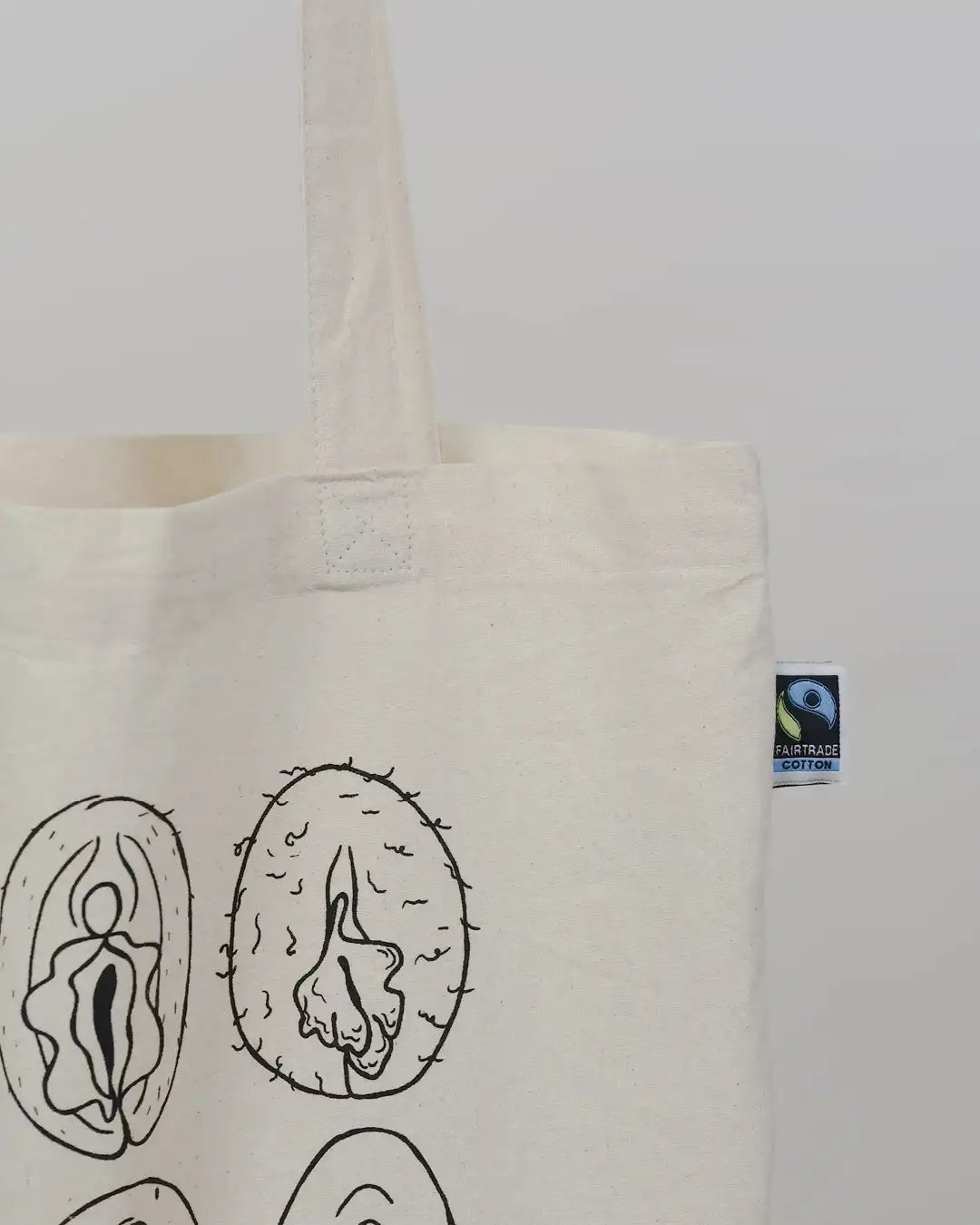Vulva Beutel aus Bio-Baumwolle Close Up mit Fairtrade Logo. Design aus Vulven für den täglichen Bedarf.