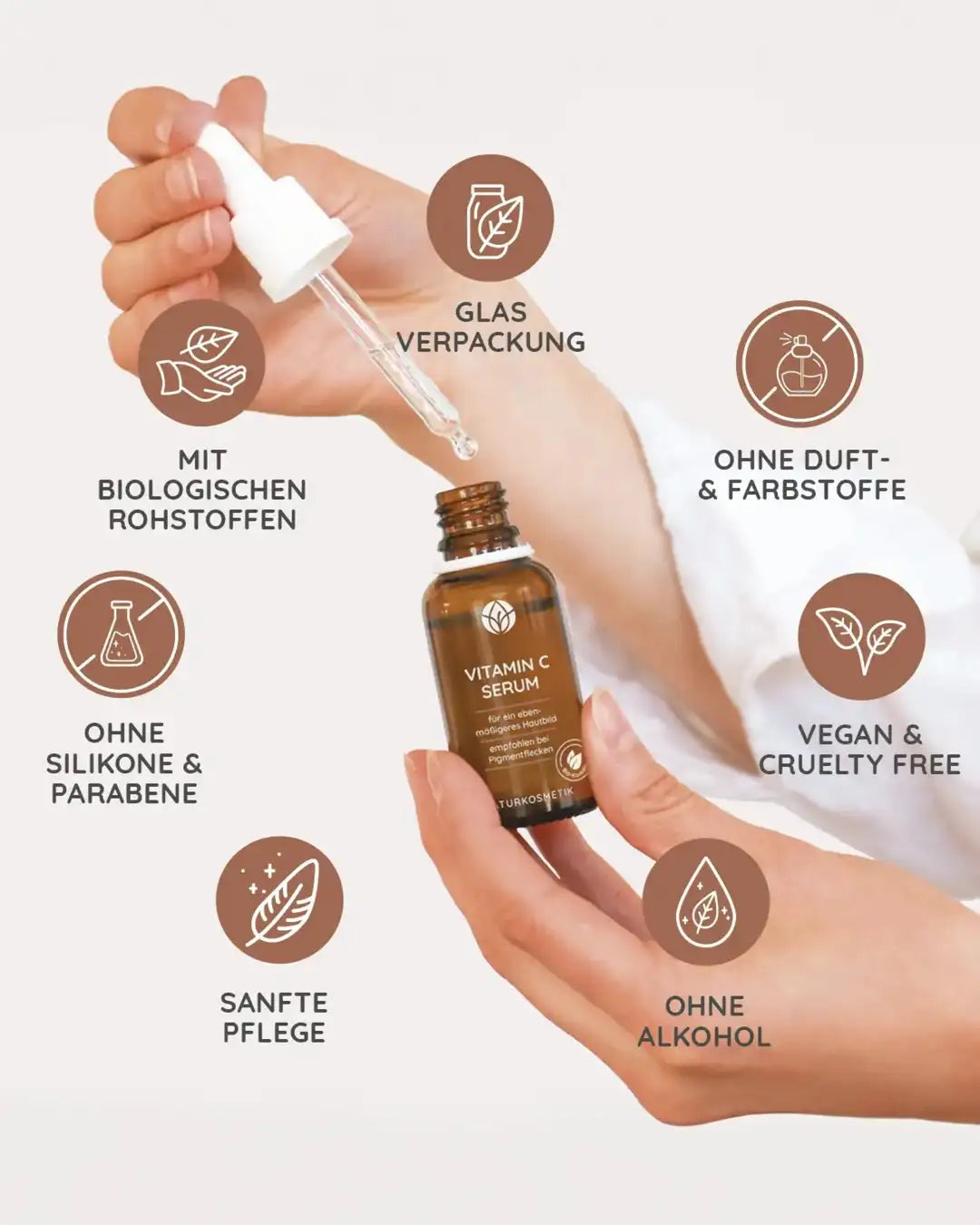 Vitamin C Serum ist vegan und hilft gegen Pigmentstörungen und vorzeitige Hautalterung.