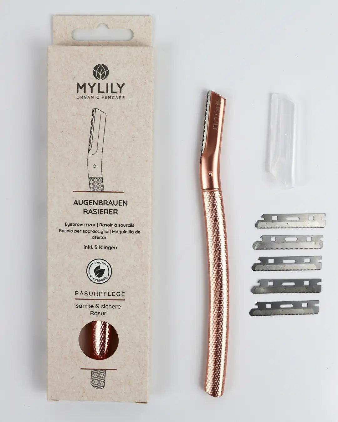 Augenbrauenrasierer mit auswechselbarer Klinge für eine sanfte Rasur in rose-gold.