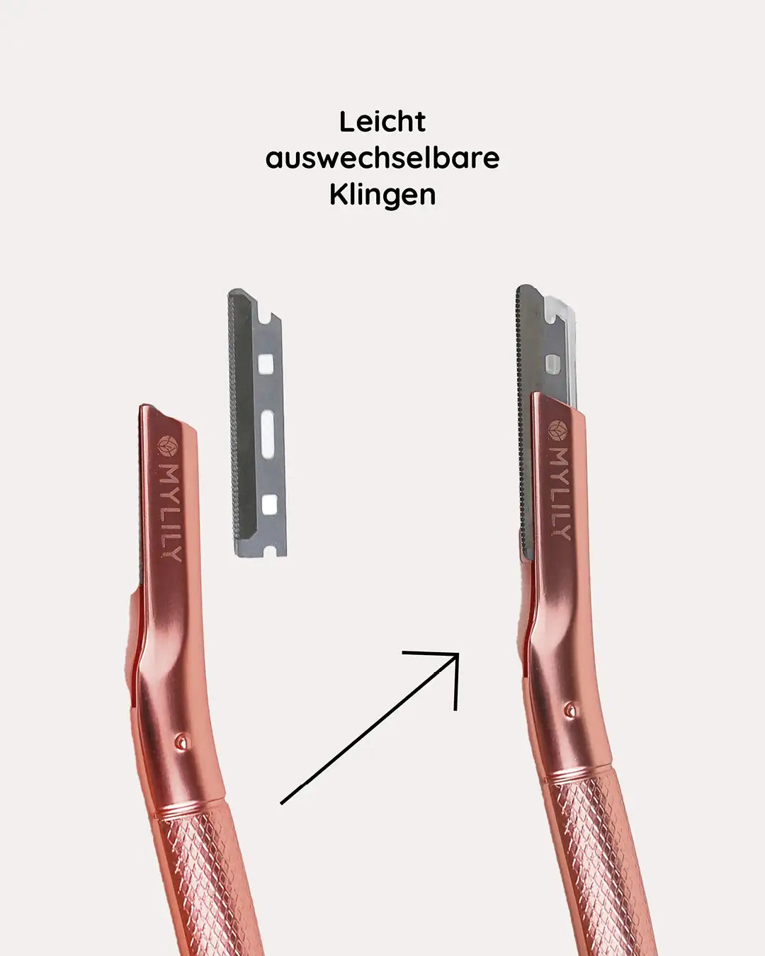 MYLILY Augenbrauenrasierer mit auswechselbarer Klinge. In rose-gold, schwarz & metallic silber.