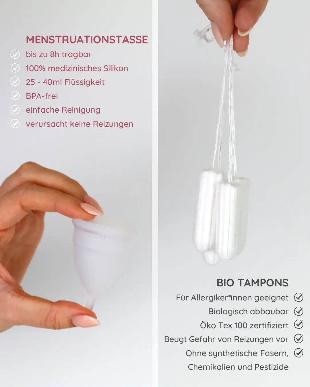 Größe S der Menstruationstasse vs. Bio Tampons von MYLILY. Tasse bis zu 8hs tragbar, 25-40ml Flüssigkeit.