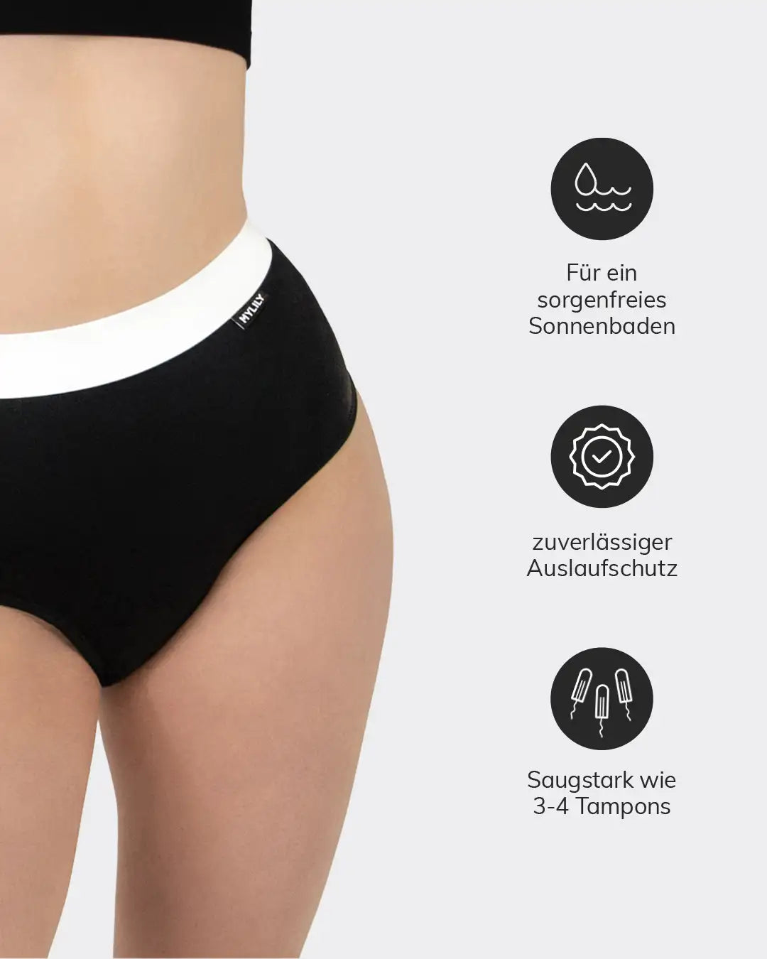 Die Perioden Bikini Hose kann dank Auslaufschutz bis zu 30ml Flüssigkeit aufnehmen.