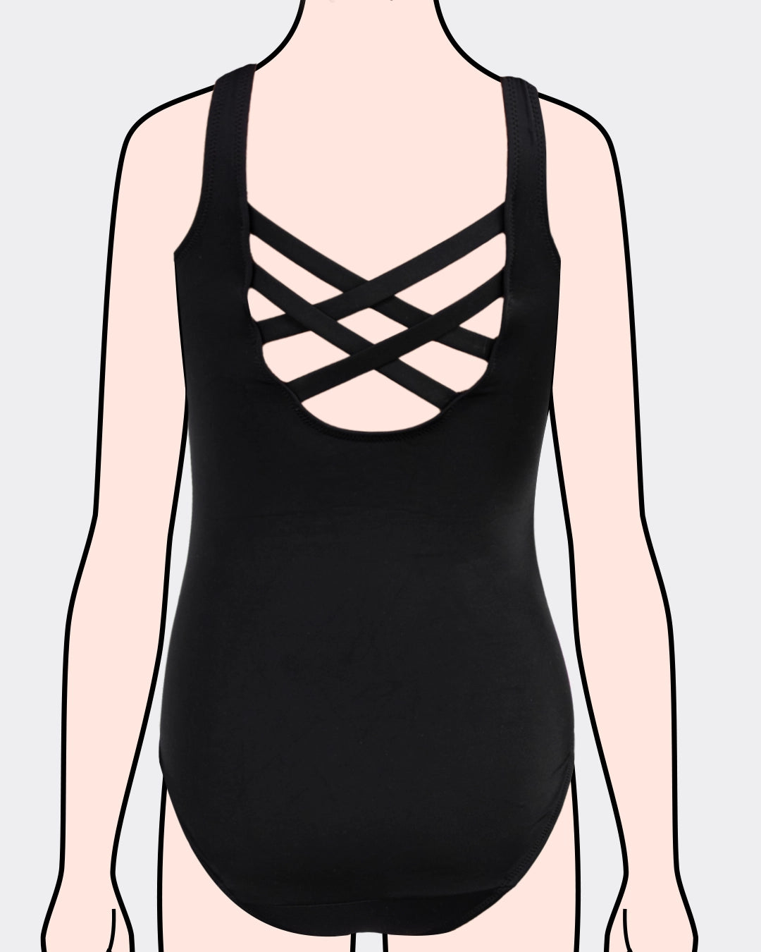 Der schwarze Perioden Badeanzug Racerback für Teens. Detaillierte Ansicht von hinten.