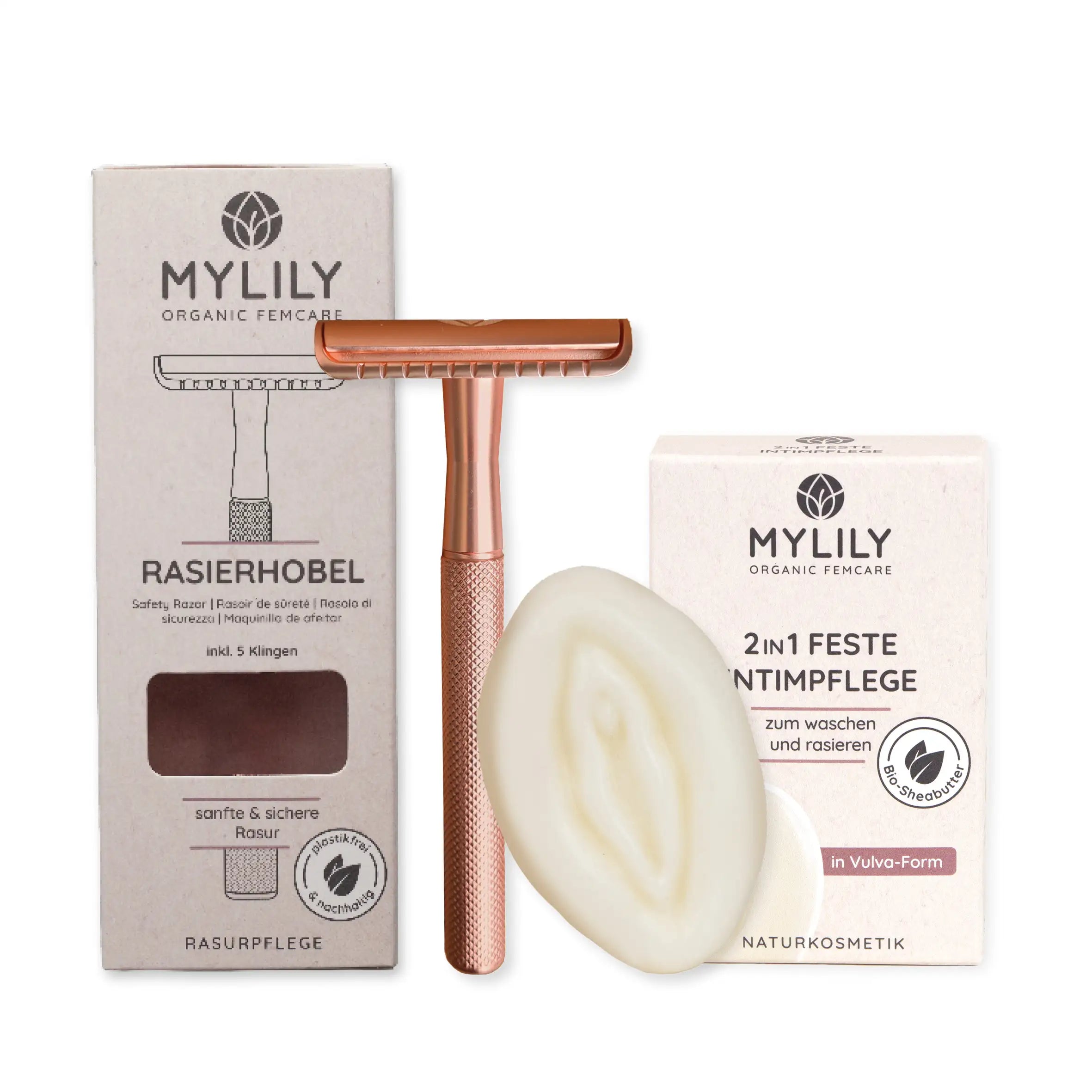 Das Rasierpflege Set von MYLILY beinhaltet savety Rasierhobel mit verschiedenen Farboptionen sowie ein Intimpflege Waschstück das zur Rasur des Intimbereichs geeignet ist.