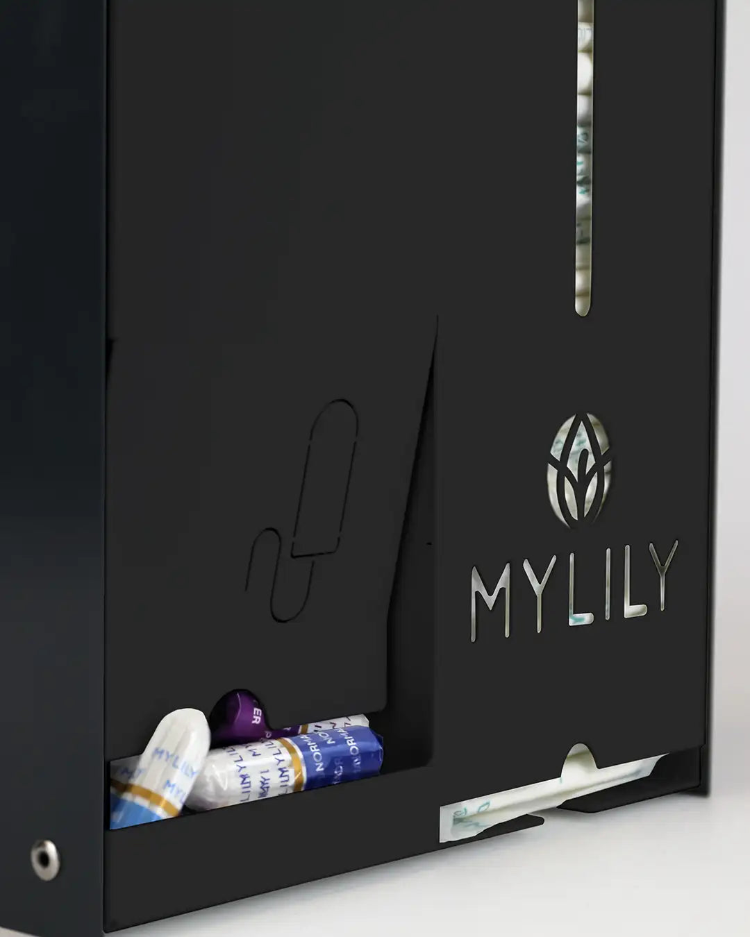 Detailaufnahme von der Tampon und Binde Ausgabe des Tamponspenders Basic von MYLILY