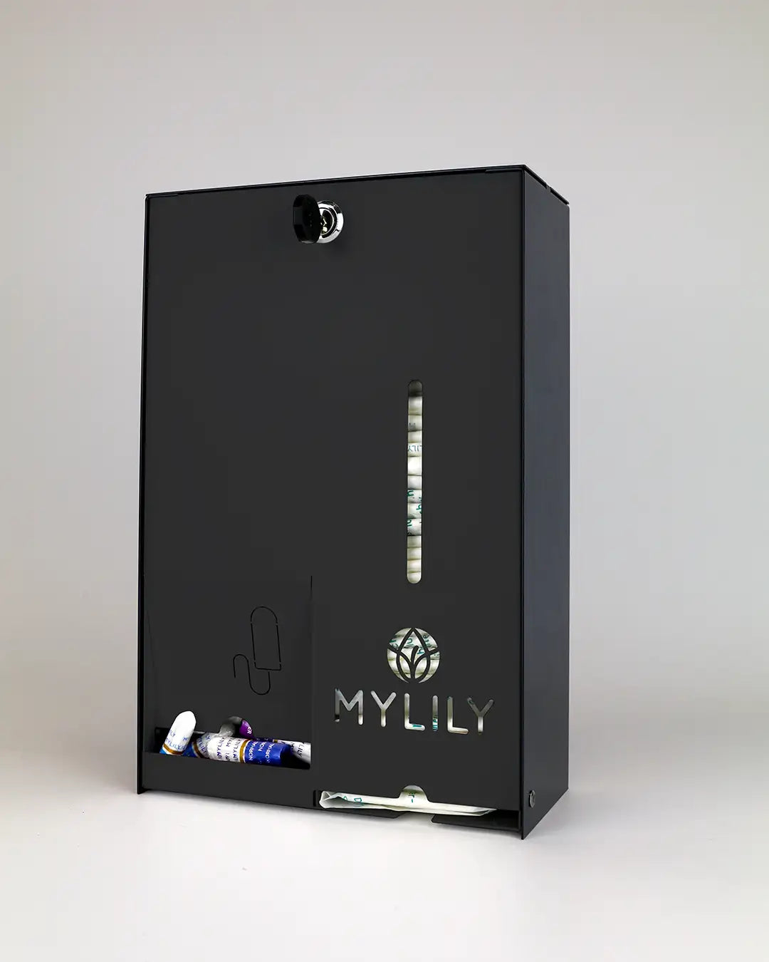 Der schwarze Tamponspender Basic von MYLILY befüllt mit Bio-Tampons und Bio-Binden