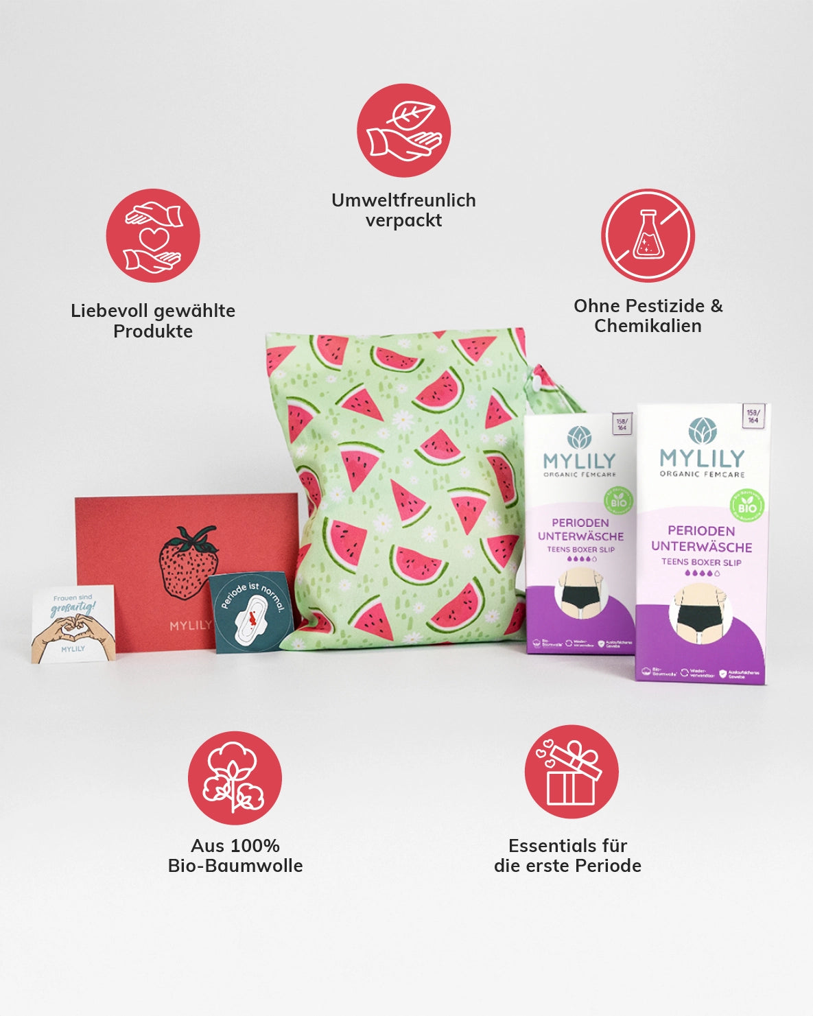 Das Set besteht aus umweltfreundlichen, liebevoll verpackten Essentials für die erste Periode