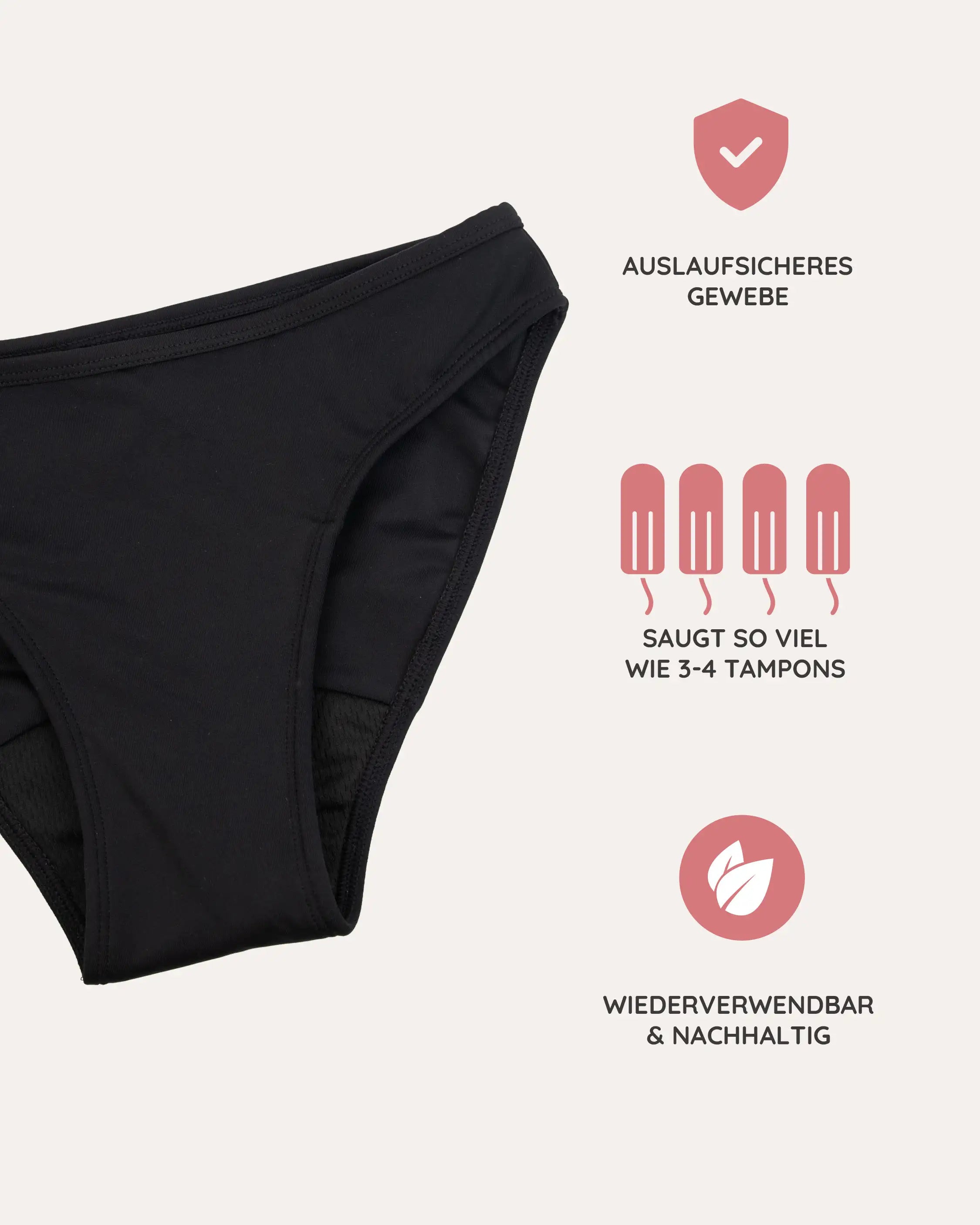 Bikinihose mit auslaufsicherem Gewebe, das bis zu 4 Tampons saugt, liegt auf einem Untergrund.