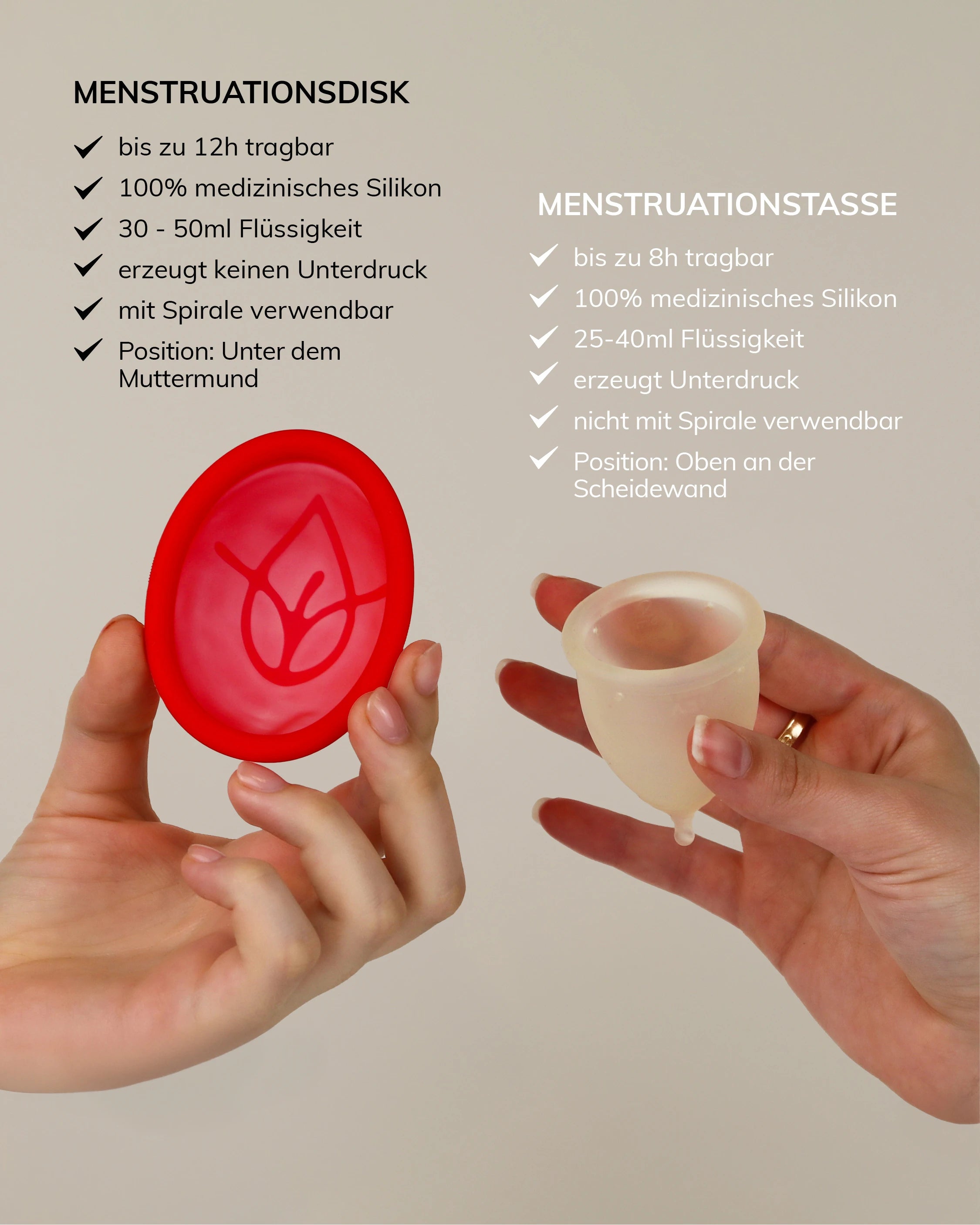 Die Menstruationsdisk ist flexibel, erzeugt keinen Unterdruck und besteht aus 100% medizinischem Silikon.