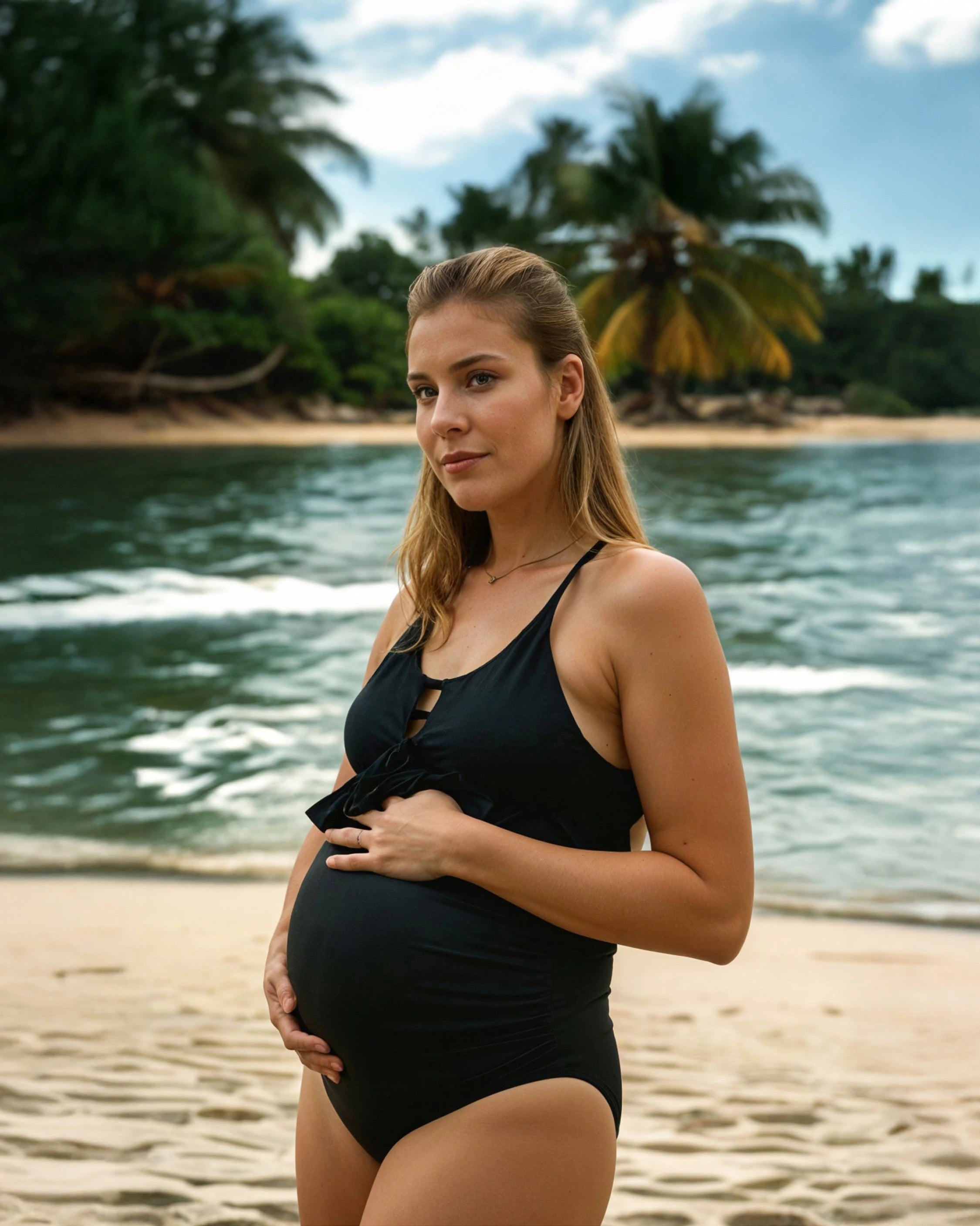 Eine junge Frau steht am Strand und hat die Hände auf ihren Bauch gelegt. Sie trägt den schwarzen Umstandsbadeanzug von MYLILY.