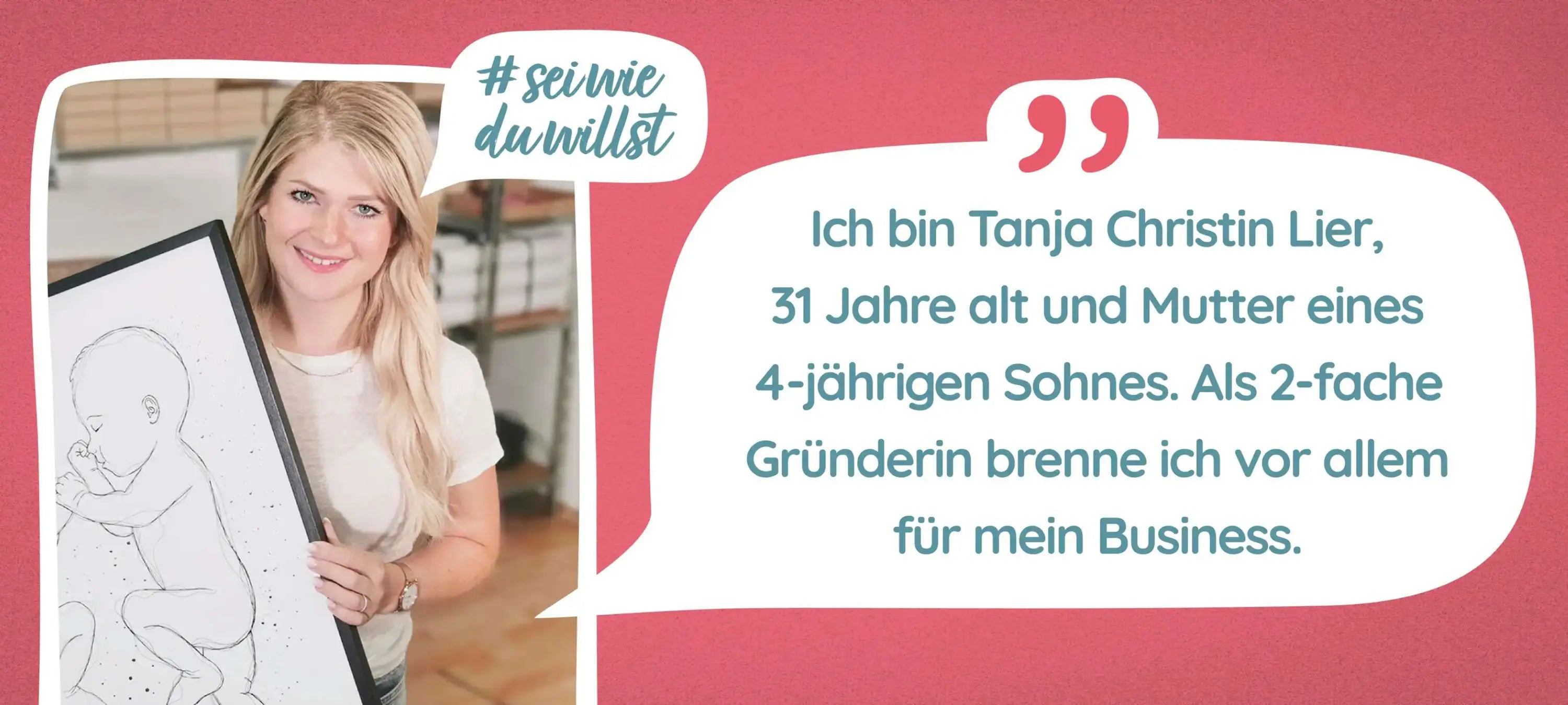 Tanja ist 2- fach Gründerin und Mutter und hält ein Schild mit einer Babyzeichnung.