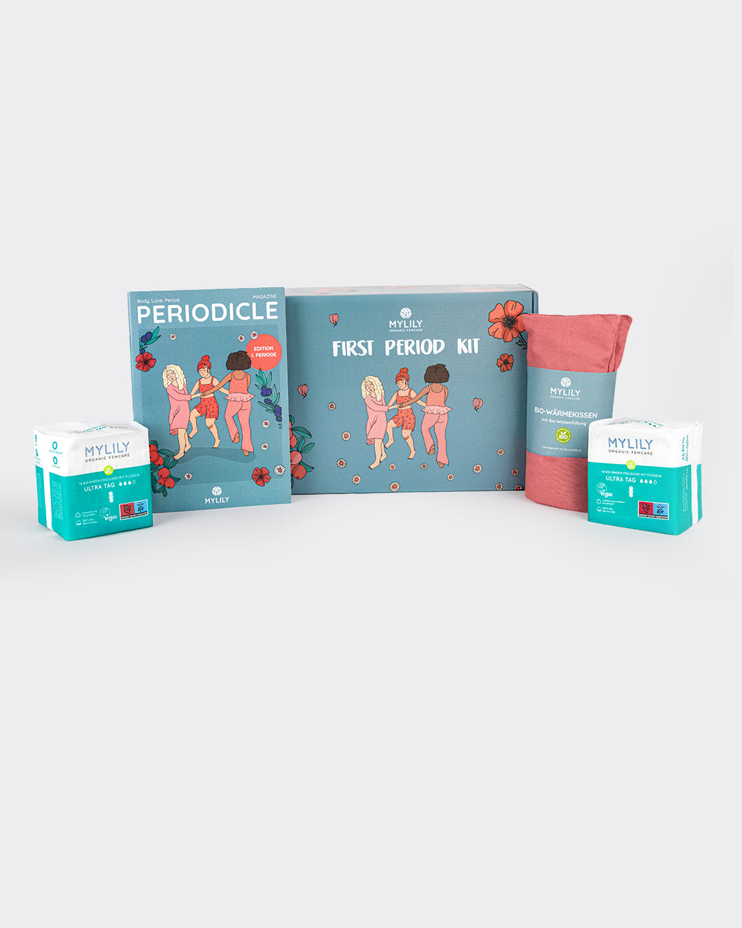 MYLILY First Period Kit vollständige Produktübersicht: türkisfarbene Geschenkbox, Periodicle Magazin „1. Periode", zwei Packungen Bio-Binden Ultra Tag und rosa Bio-Wärmekissen – Erstperiode Starter-Set für Mädchen