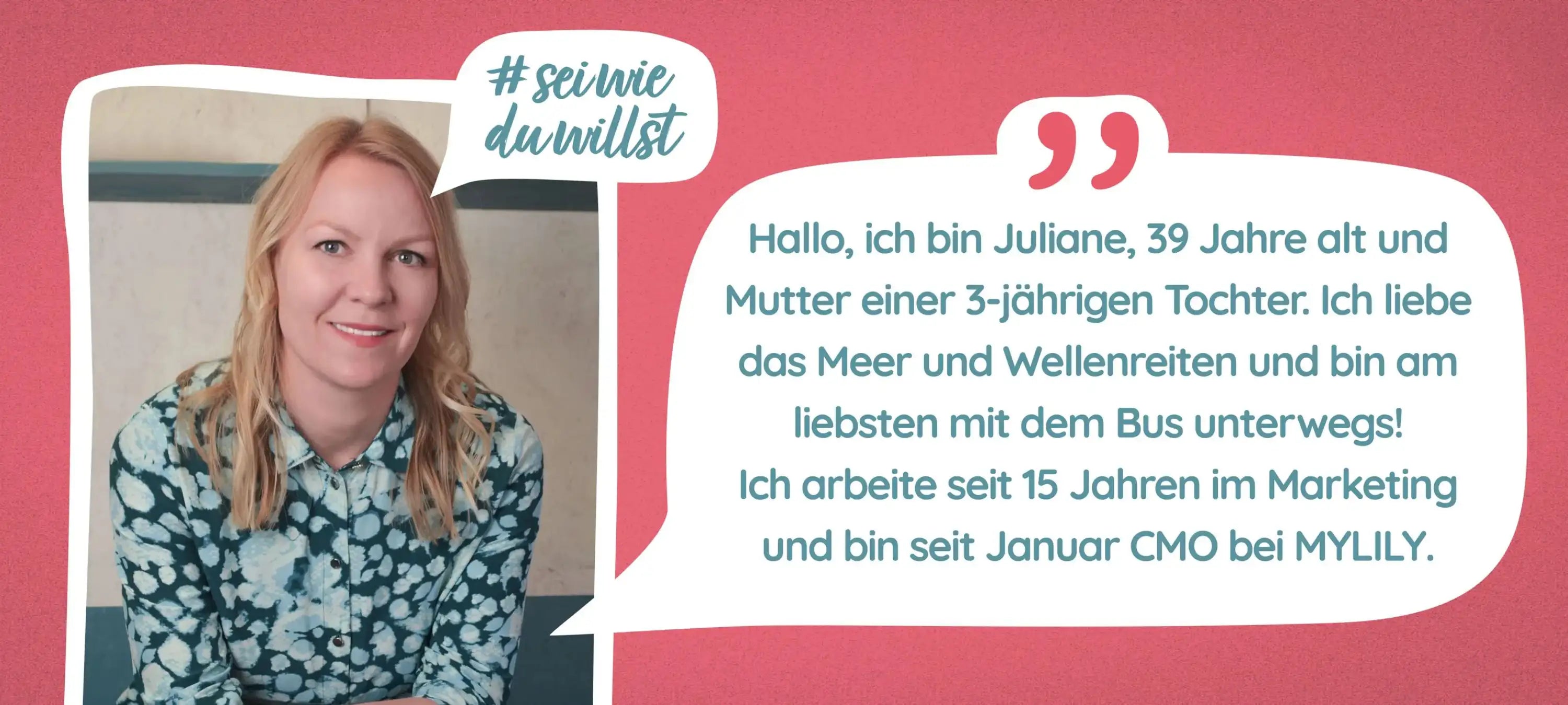 Juliane, Mutter eiiner drei jährigen Tochter, ist abgebildet und macht ein Statement zum Thema Job mit Kind.