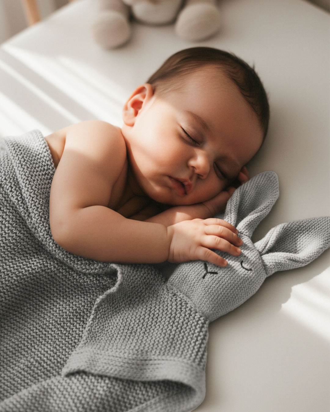 Baby Kuscheldecke mit Hasenkopf Grau