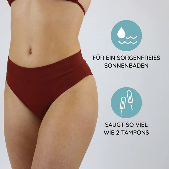 Der MYLILY Perioden Bikini Slip in hagebutte ist perfekt geeignet für ein sorgenfreies Sonnenbaden und saugt außerdem so viel wie 2 Tampons #farbe_hagebutte