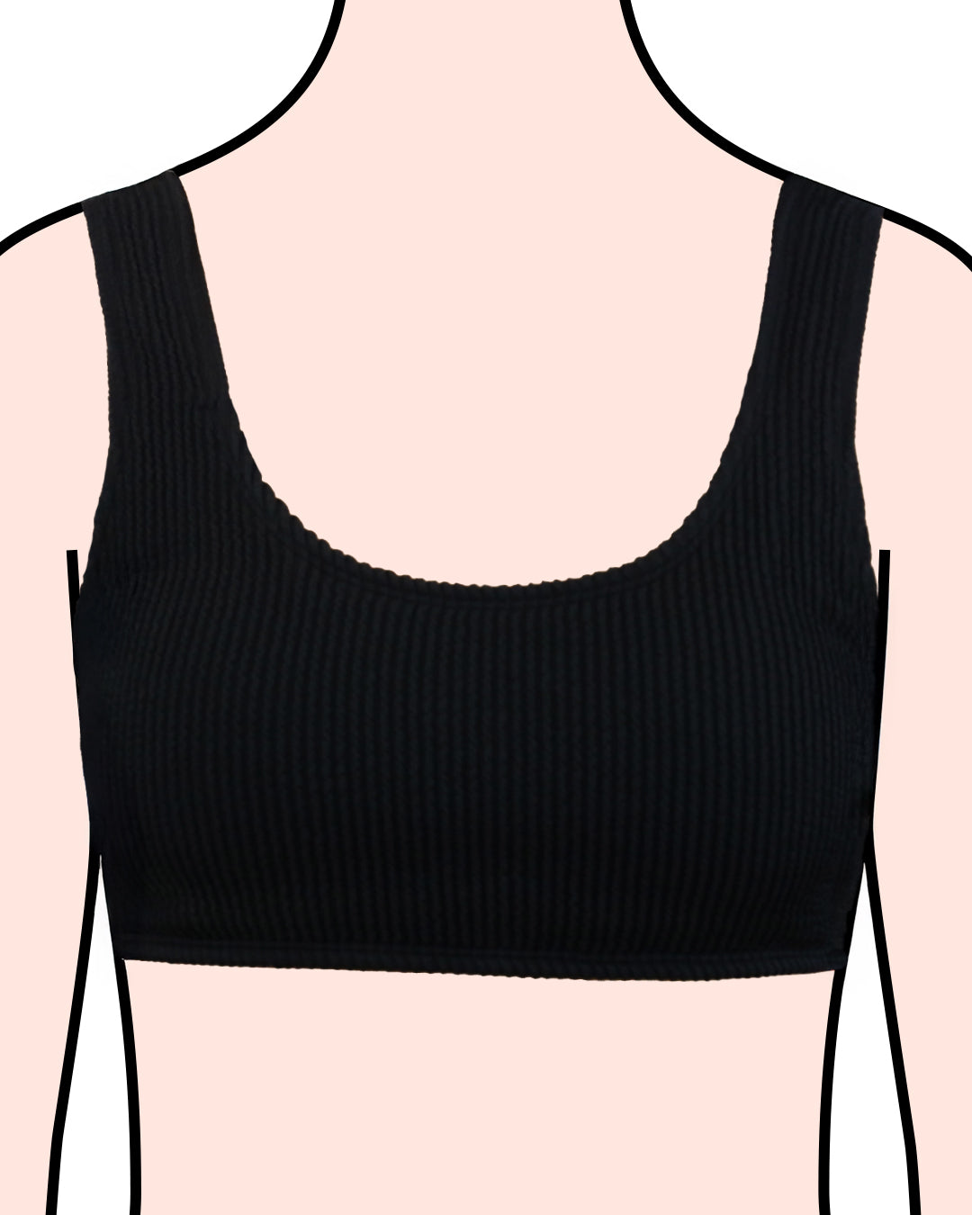 Teens Bikini Oberteil Bustier in schwarz it Crinkle-Optik auf gezeichnetem Model.