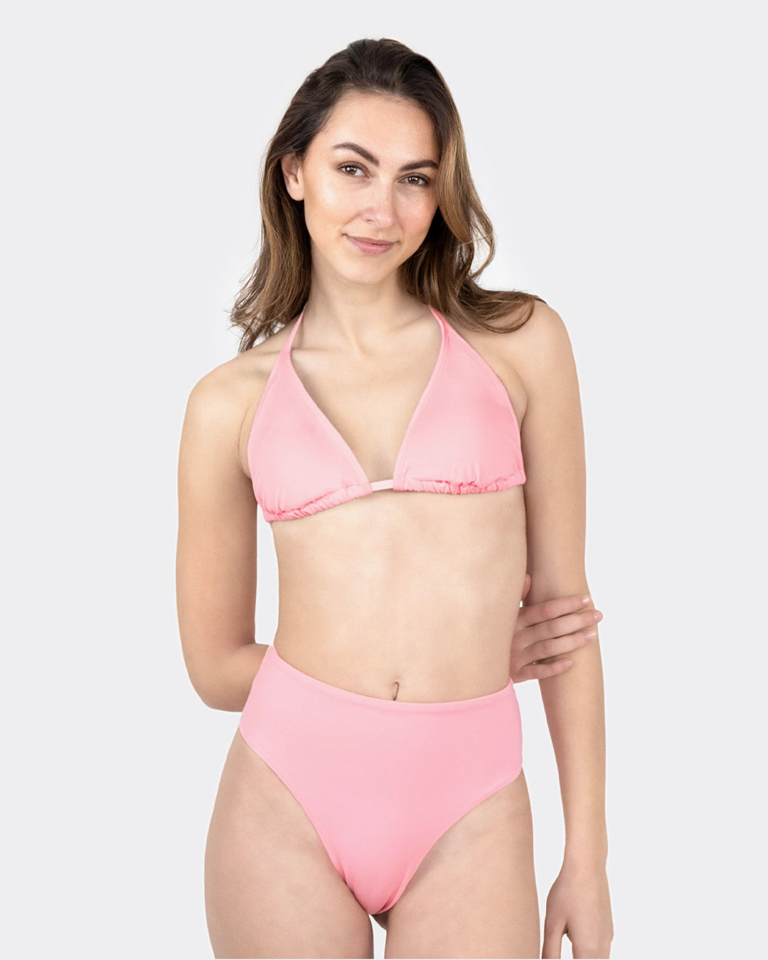 Rosafarbene Highwaist Brazilian Bikinihose von vorne, Perioden-Bikini Bottom – mylily Period Swimwear