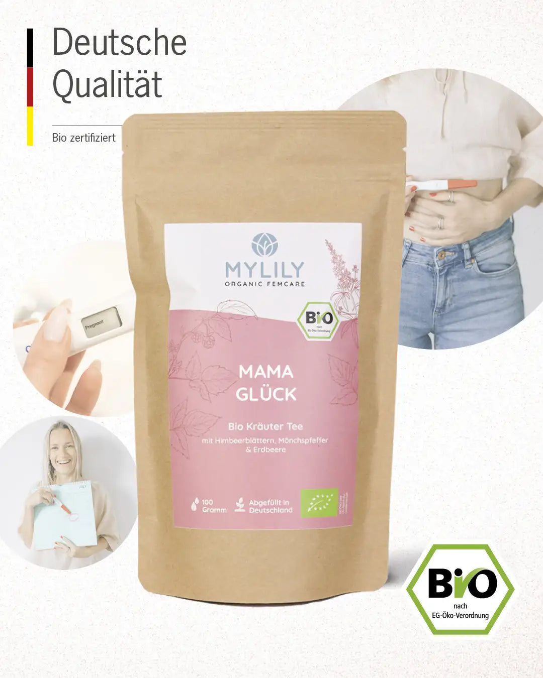 Der Tee Mama Glück ist aus hochqualitativen Zutaten in Deutschland angefertigt. Jetzt sogar Bio zertifiziert nach EG-Öko-Verordnung.