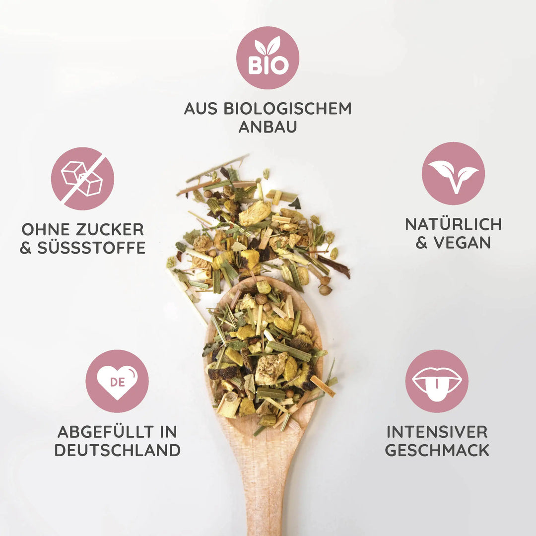 Die Kräuter der MYLILY Tees stammen aus kontrolliert biologischem Anbau, sind natürlich und vegan, ohne Zucker und Süßstoffe und werden in Deutschland abgefüllt.