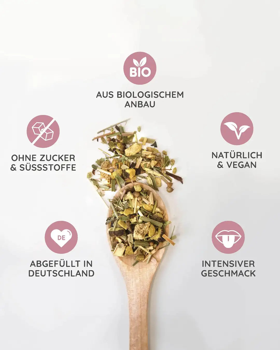 Die Kräuter der MYLILY Tees stammen aus kontrolliert biologischem Anbau, sind natürlich und vegan, ohne Zucker und Süßstoffe und werden in Deutschland abgefüllt.