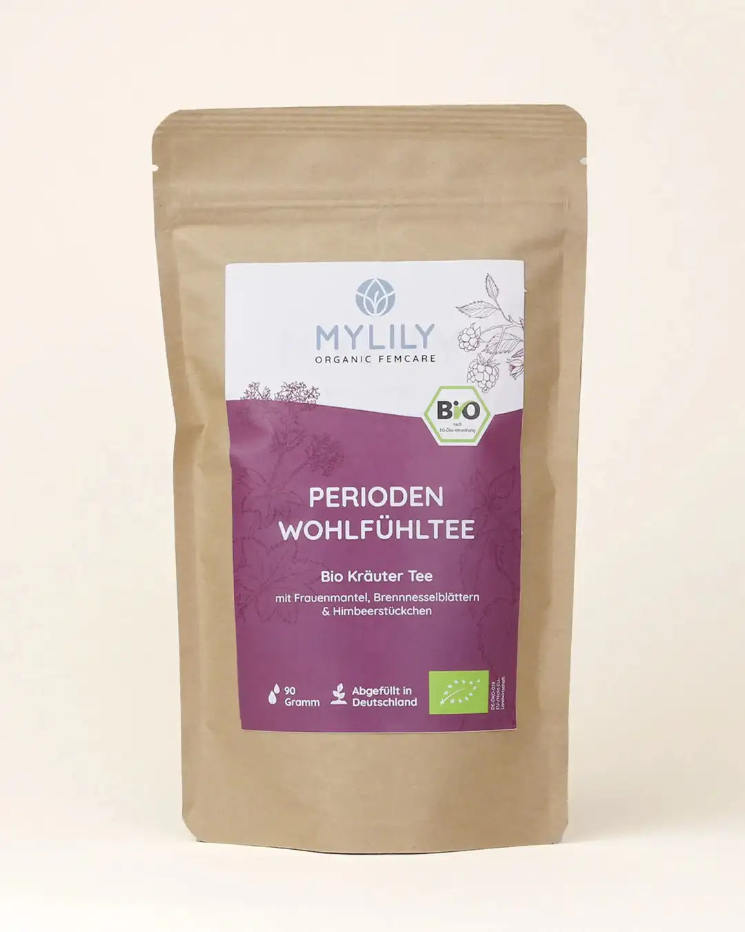 Der MYLILY Perioden Wohlfühltee mit tollen Kräutern wie Brennnesselblättern, Frauenmantelkraut, Schafgarbenkraut, Rooibos, Zitronengras, Himbeerblättern und Himbeerstücken. Der Periodentee bei einer unangenehmen Periode.