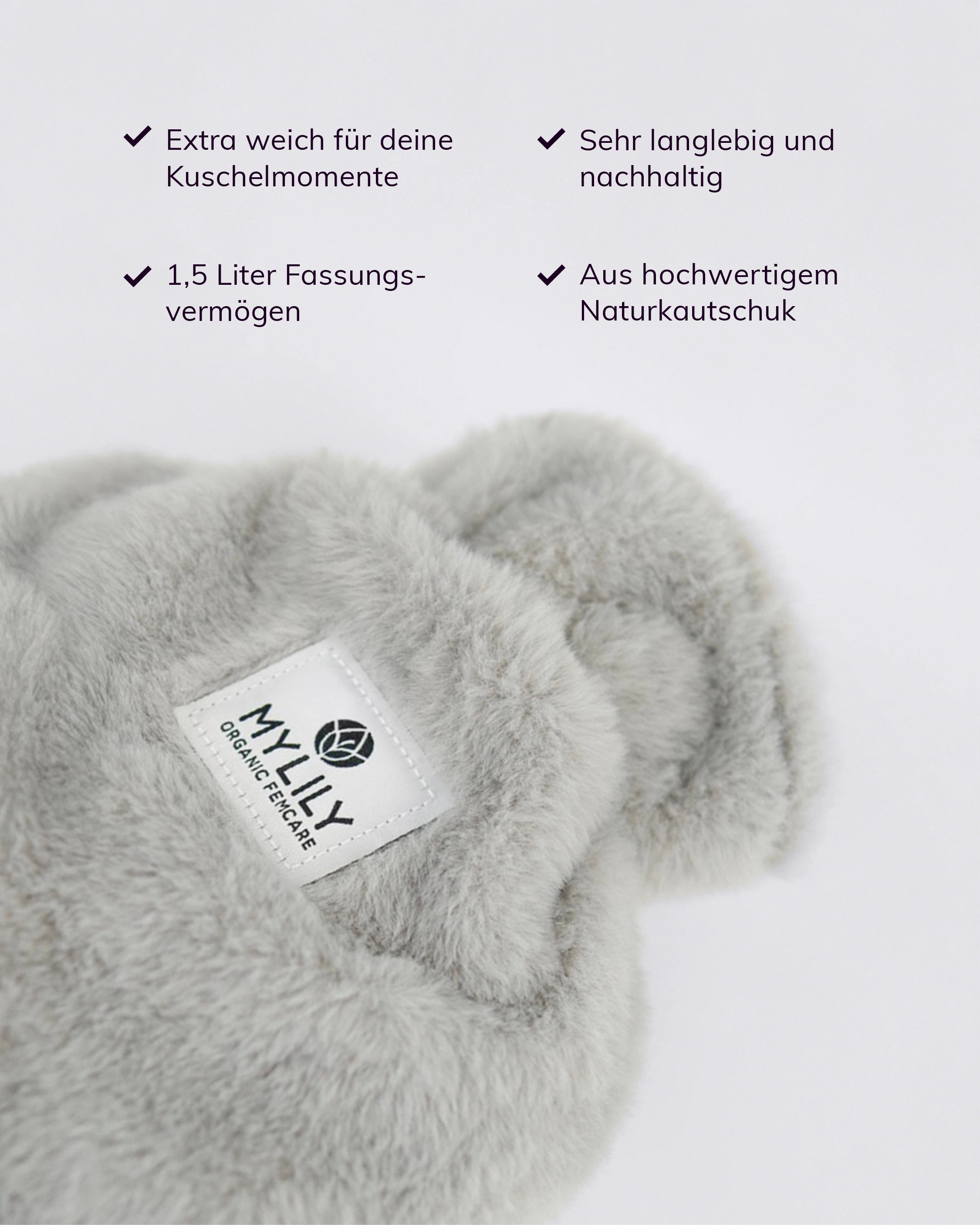 MyLily Bio-Wärmflasche in Grau mit flauschigem Plüschbezug und Label – extra weich, langlebig, 1,5 Liter Fassungsvermögen, aus Naturkautschuk