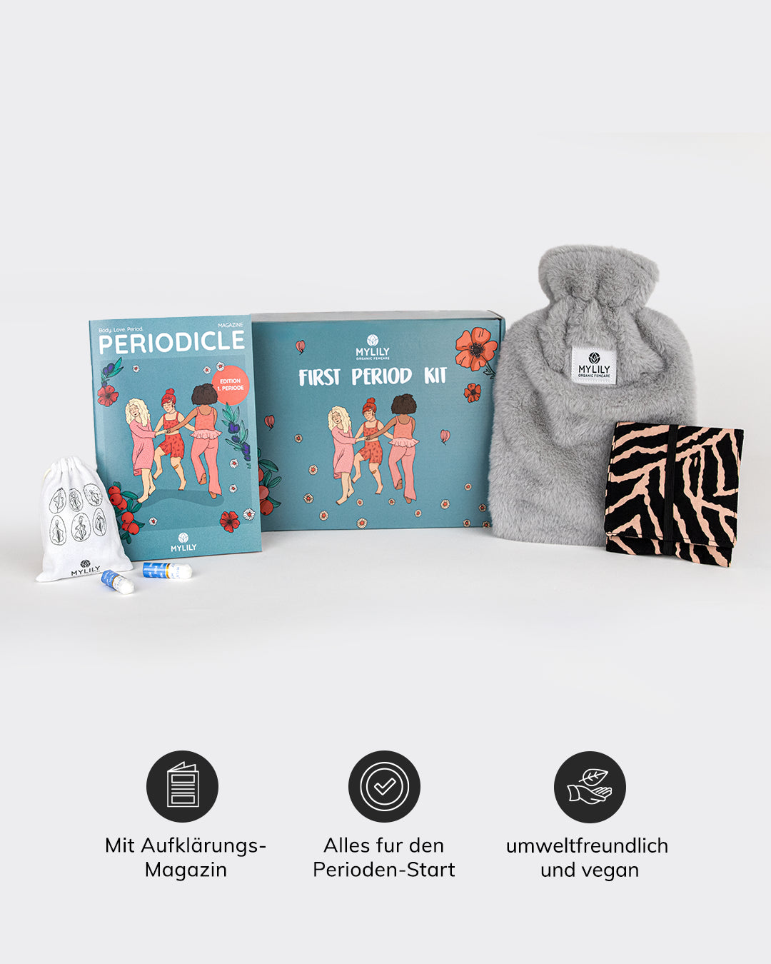 MyLily First Period Kit mit Periodicle Magazin, Verhütungsbeutel, Box und flauschiger grauer Wärmflasche sowie Slipeinlagen-Etui im Zebra-Print