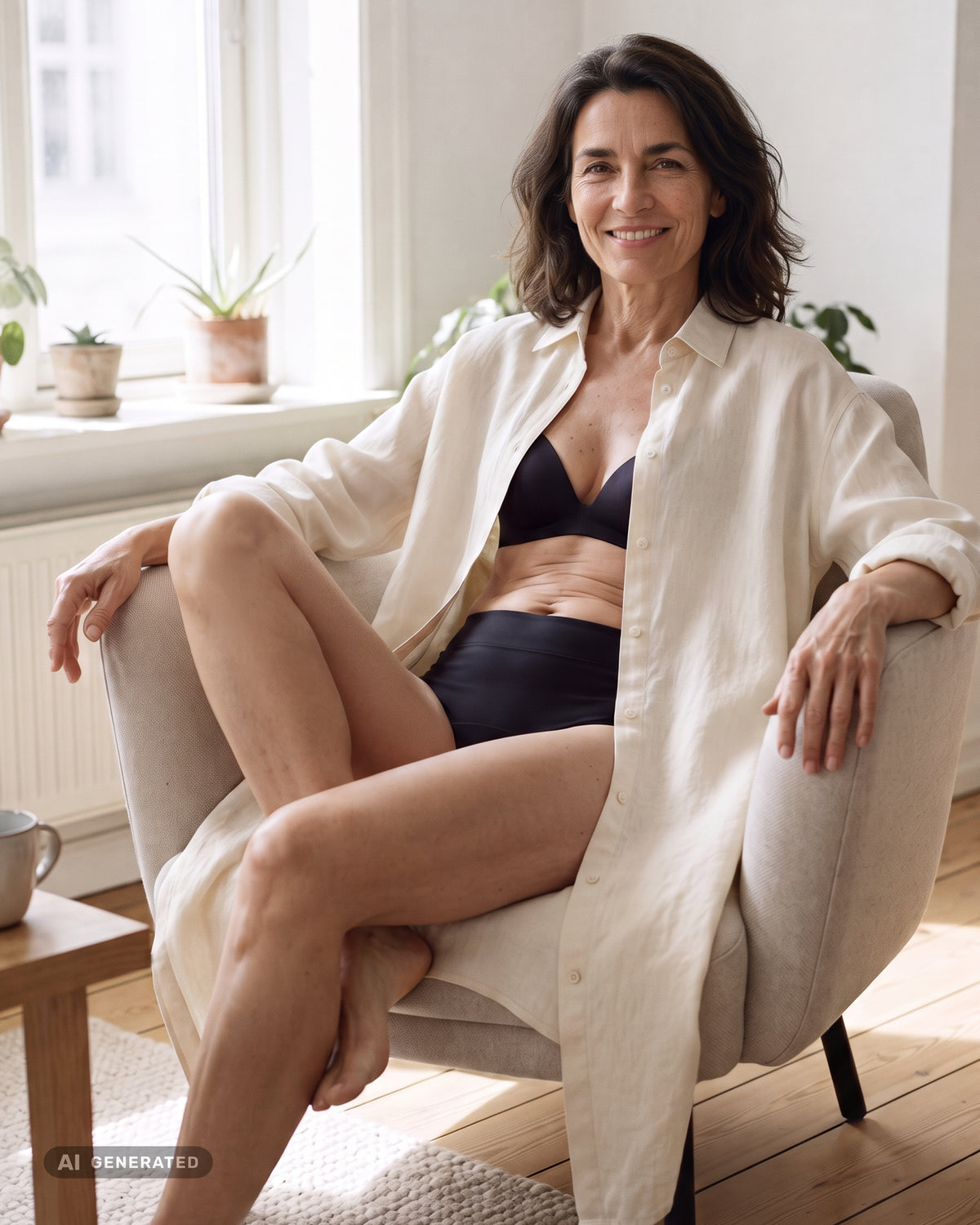 Lächelnde Frau sitzt entspannt in einem hellen Sessel in einem sonnigen Wohnzimmer. Sie trägt eine offene cremefarbene Leinenbluse über schwarzem Periodenslip und BH.