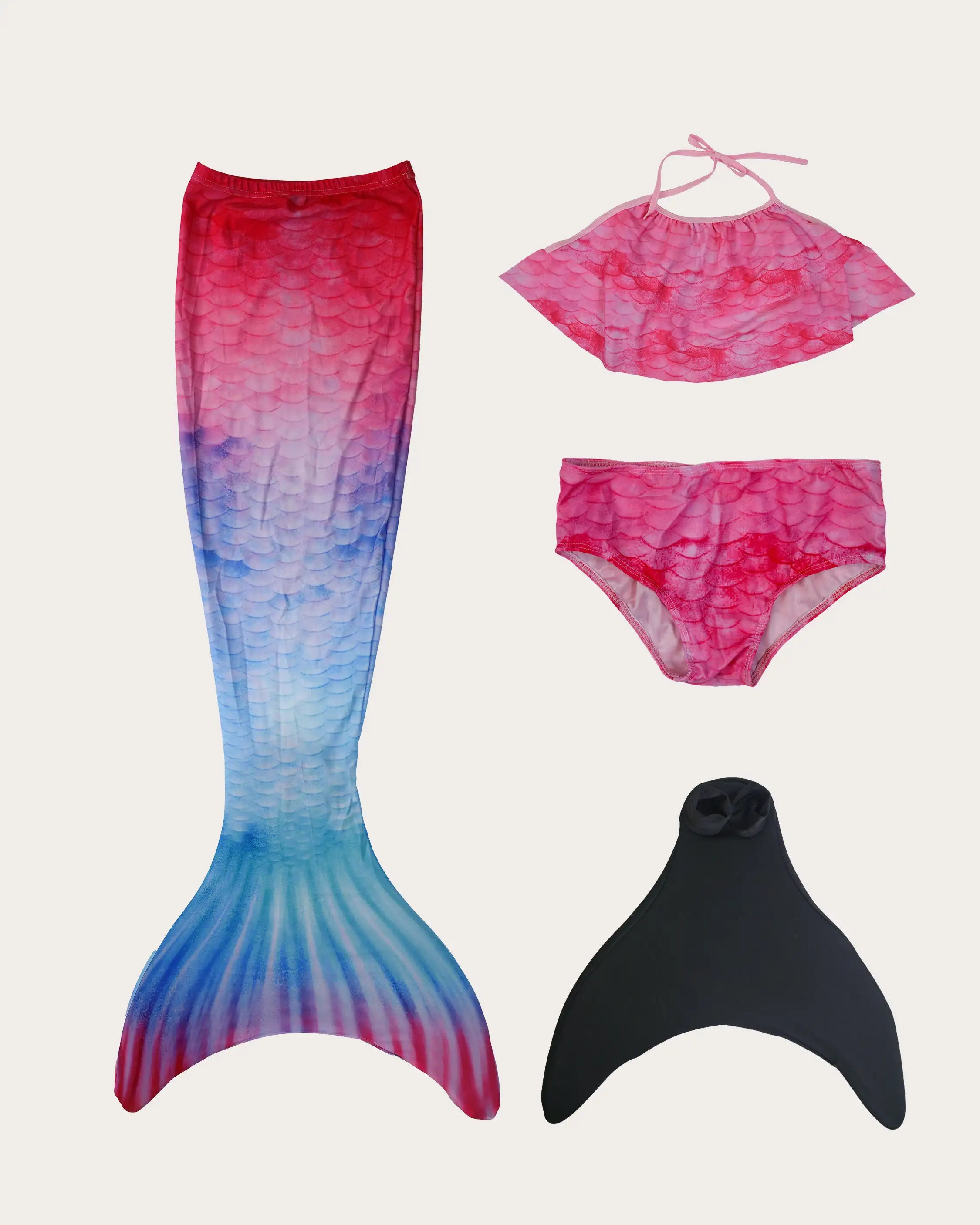 Produktbilder der Meerjungfrauenflosse von MYLILY in der Farbe Ocean. Mit Monoflosse, Bikini und Stoffüberzug.