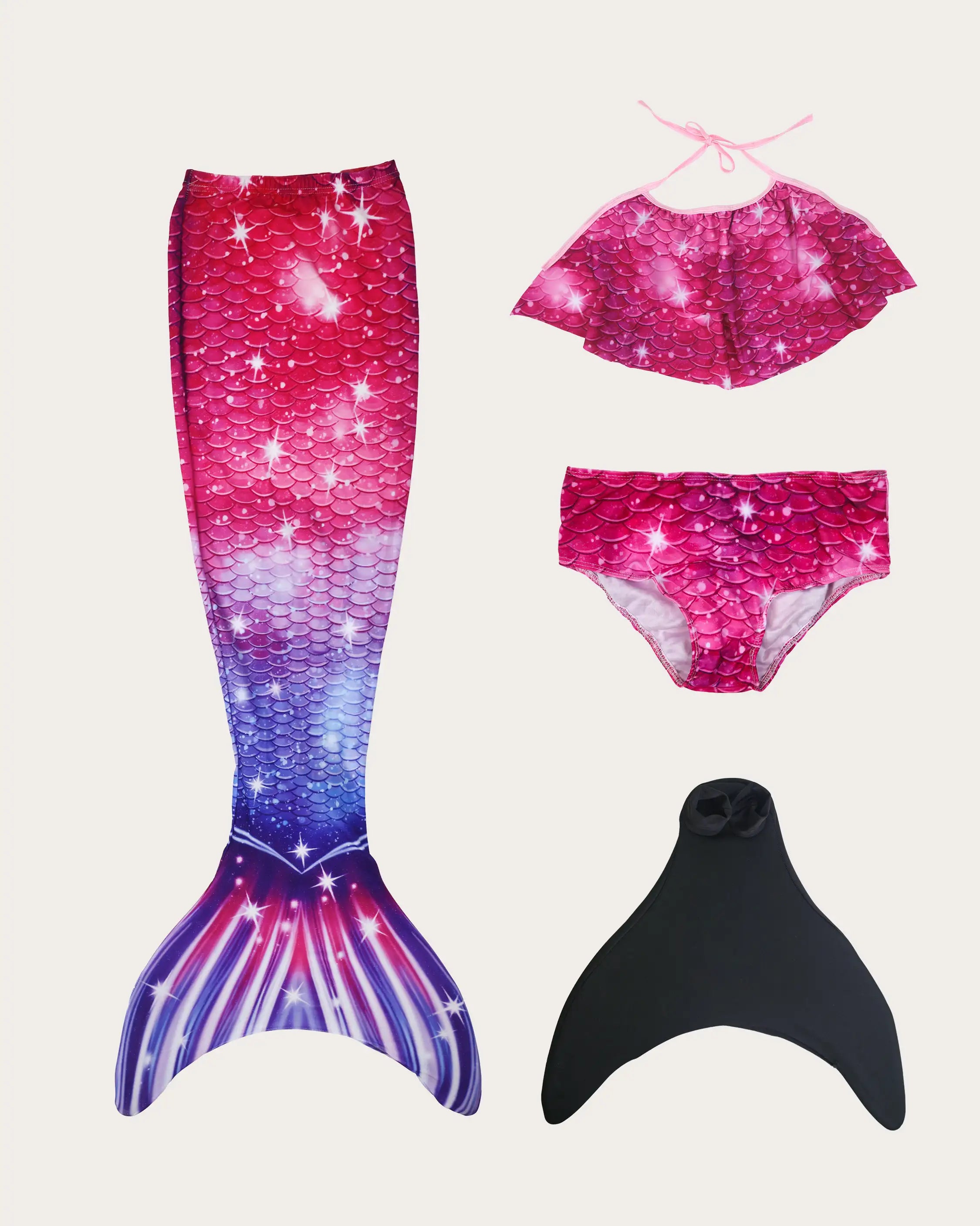 Produktbilder der Meerjungfrauenflosse von MYLILY in der Farbe Pink Galaxy. Mit Monoflosse, Bikini und Stoffüberzug.