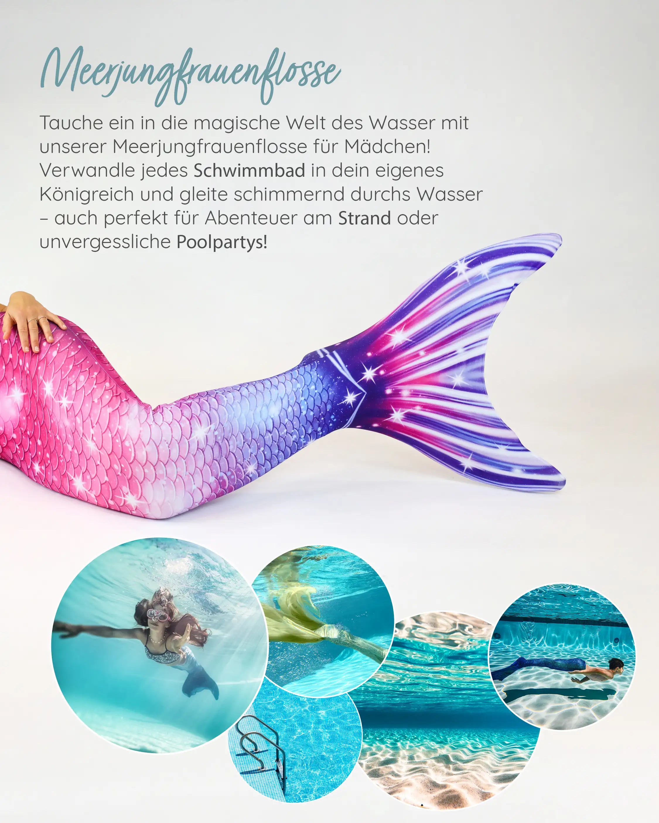 Die Meerjungfrauenflosse in Pink Galaxy von MYLILY. Perfekt für das Schwimmbad, die nächste Poolparty oder ein Strandabenteuer.