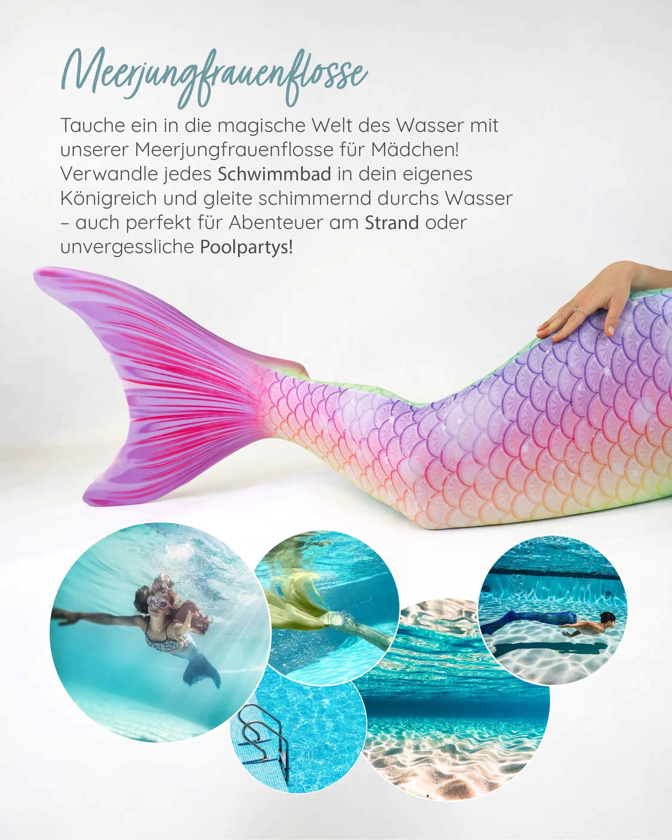 Die Meerjungfrauenflosse in Rainbow von MYLILY. Perfekt für das Schwimmbad, die nächste Poolparty oder ein Strandabenteuer.