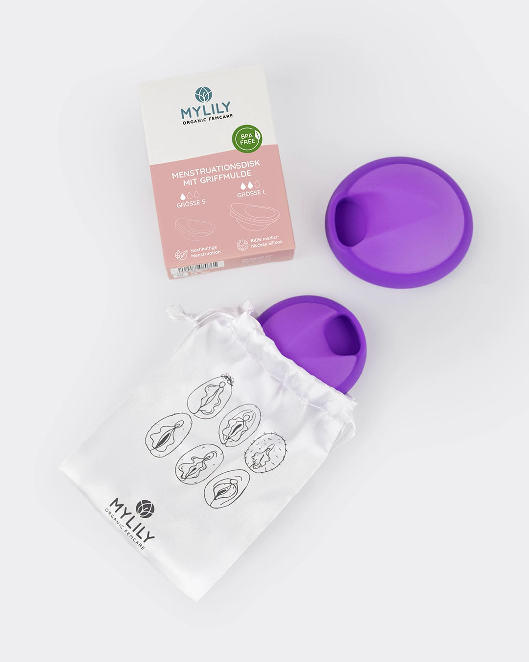 Die Menstruationsscheiben mit Mulde von MYLILY für eine nachhaltige Menstruation. Aus 100% medizinischem Silikon als nachhaltiges Periodenprodukt.