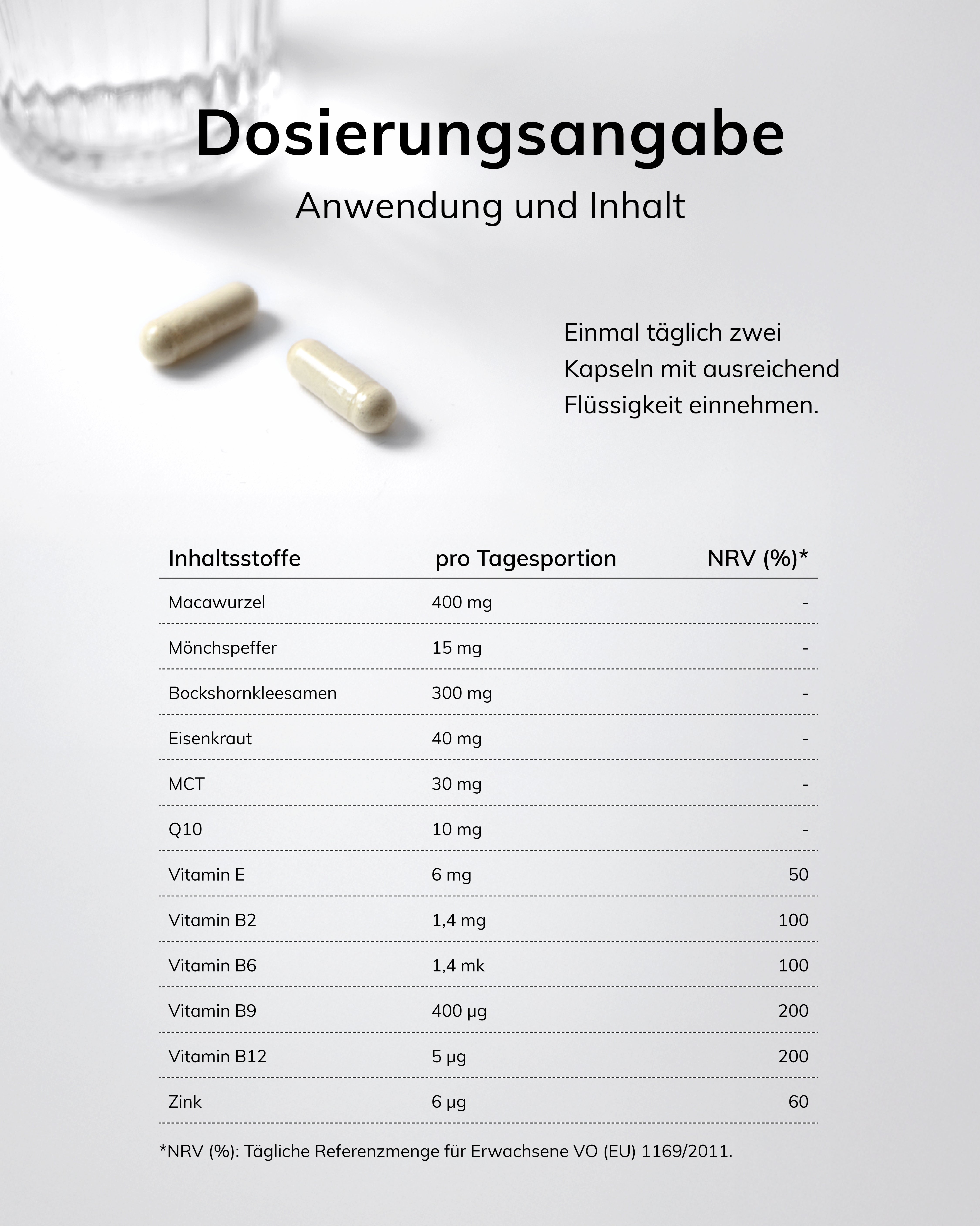 Dosierungsangabe MYLILY Mönchspfeffer Fembalance: zwei Kapseln täglich mit vollständiger Nährwerttabelle – u.a. 15 mg Mönchspfeffer, 400 mg Macawurzel, Zink und B-Vitamine pro Tagesportion