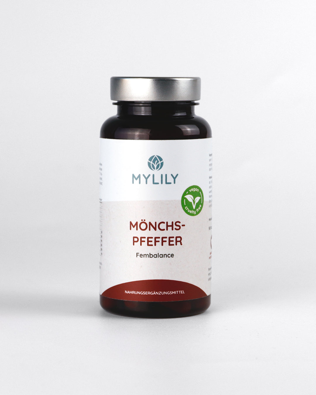 MYLILY Mönchspfeffer „Fembalance" – veganes und cruelty-free Nahrungsergänzungsmittel zur Hormonbalance in dunkler Glasflasche mit silbernem Deckel, freigestellt auf weißem Hintergrund