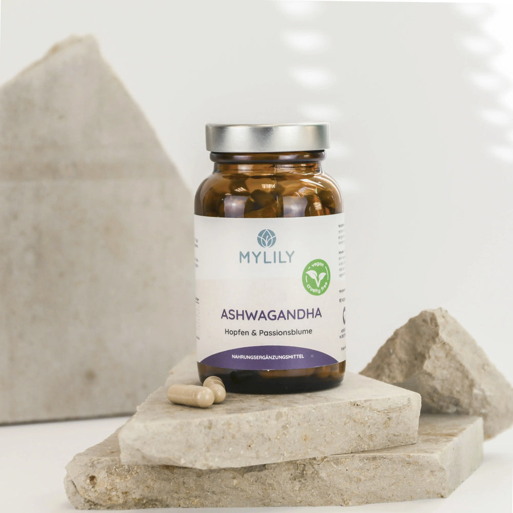 MYLILY Organic Femcare Ashwagandha Kapseln mit L-Tryptophan und Bio Passionsblume Kapseln zur Stärkung der Libido, Vermeidung von Stress, Depressionen, Schilddrüsenunterfunktion bei Frauen.