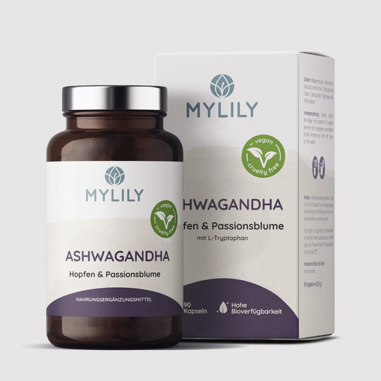 MYLILY Organic Femcare Nahrungsergänzung Ashwagandha Kapseln mit L-Tryptophan und Bio Passionsblume Kapseln