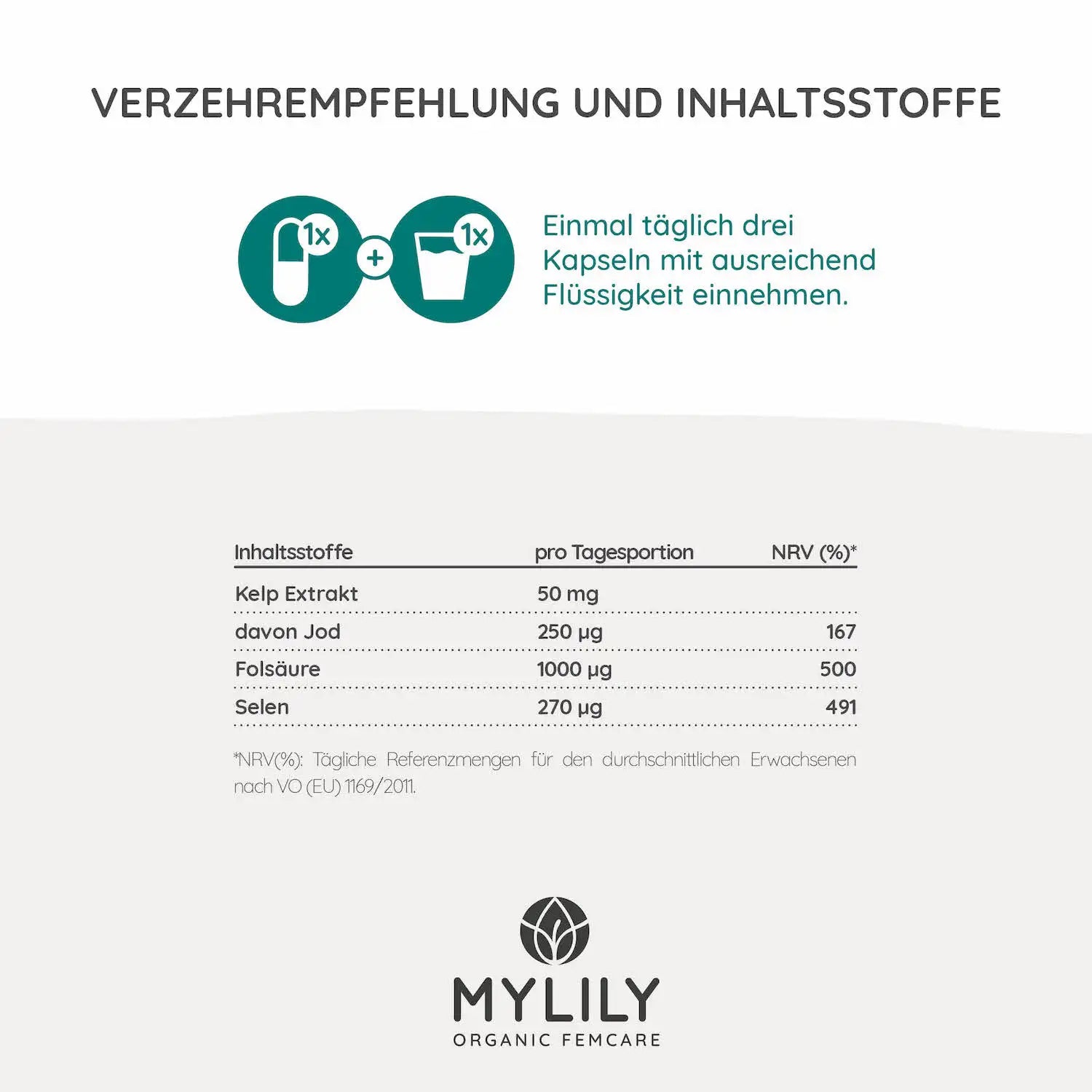 Einmal täglich drei Kapseln mit ausreichend Flüssigkeit einnehmen. MYLILY Schilddrüse Verzehrempfehlung und Inhaltsstoffe