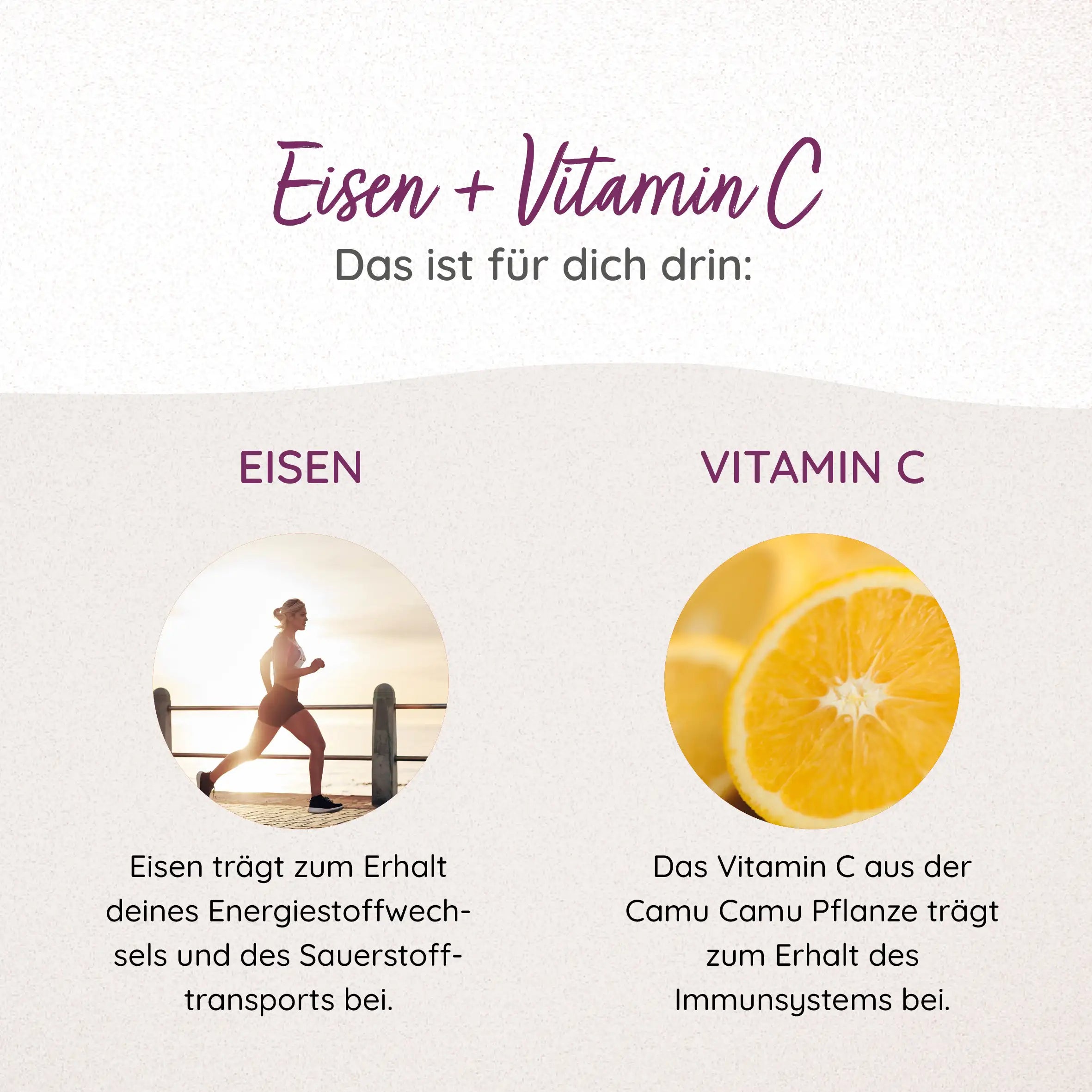 Unsere Powerfrau enthält Eisen, Vitamin C und helfen dir bei der Bildung roter Blutkörperchen (gut für den Sauerstoff Transport), gegen Müdigkeit und Erschöpfung. Vitamin C hilft bei der Aufnahme von Eisen im Körper. Unterstützend für deinen Energiestoffwechsel.