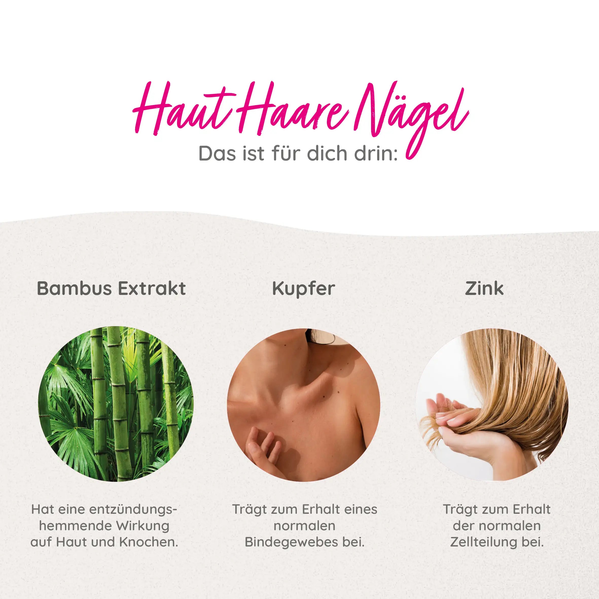 Haut Haare Nägel Supplement enthält Zink und Kupfer, die deine Nägel Haut und Haare unterstützen sowie deine Zellteilung und dein Bindegewebe. Vegan für alle Altergruppen.