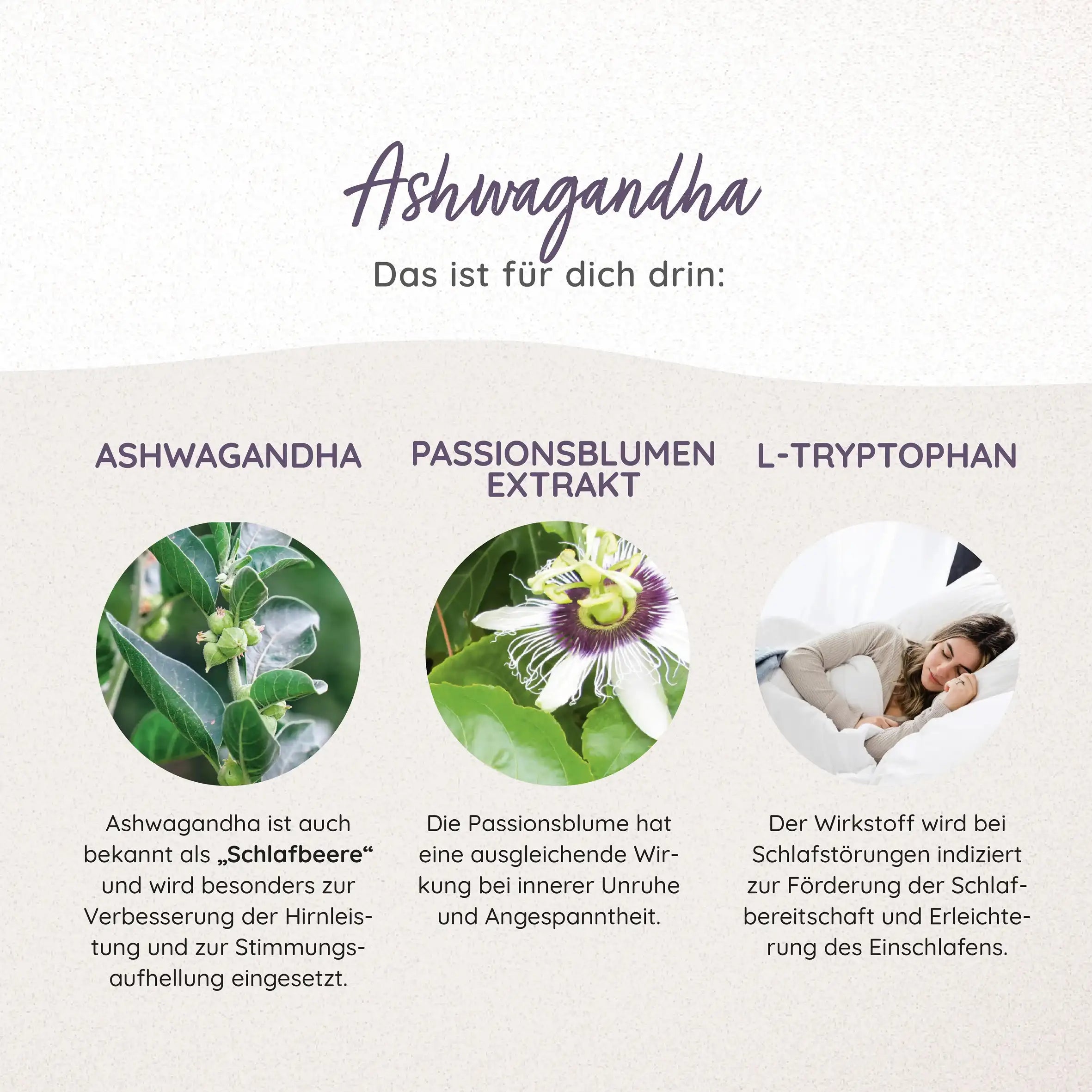 Natürliche Inhaltsstoffe MYLILY Nahrungsergänzungsmittel Ashwaghanda, Bio Passionsblumen-Extrakt und L-Tryptophan